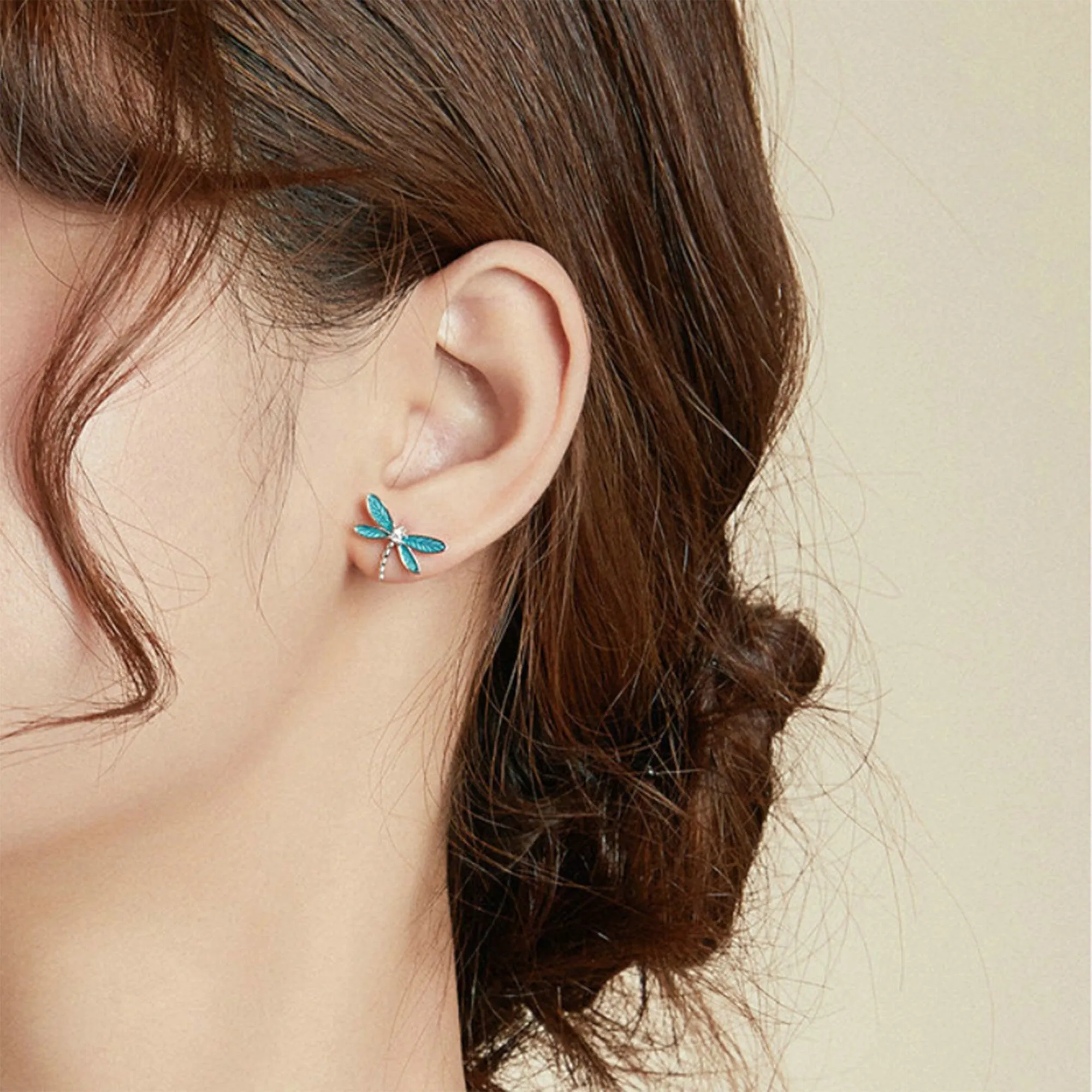 925 Sterling Silver Blue Enamel Dragonfly Studs Earrings