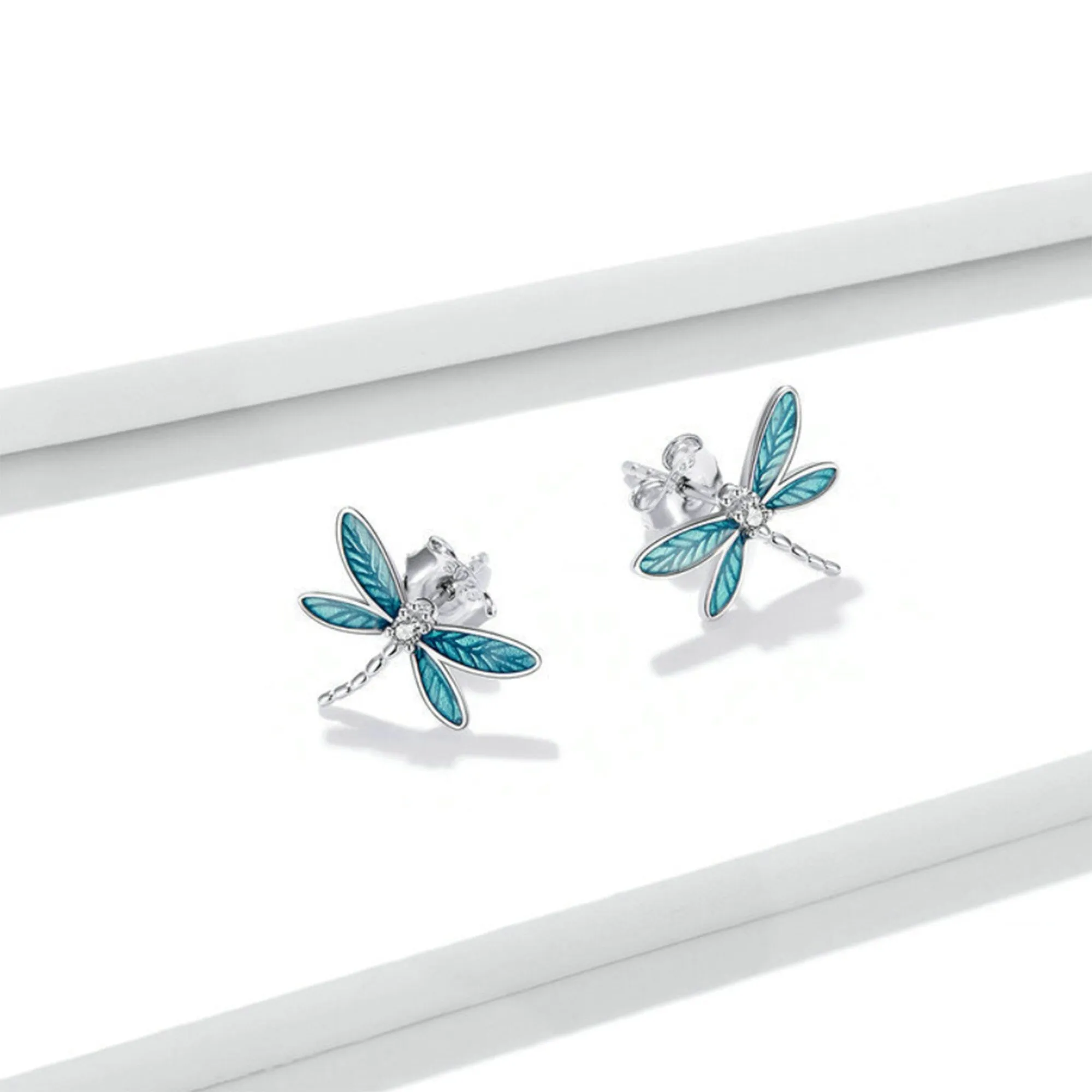 925 Sterling Silver Blue Enamel Dragonfly Studs Earrings
