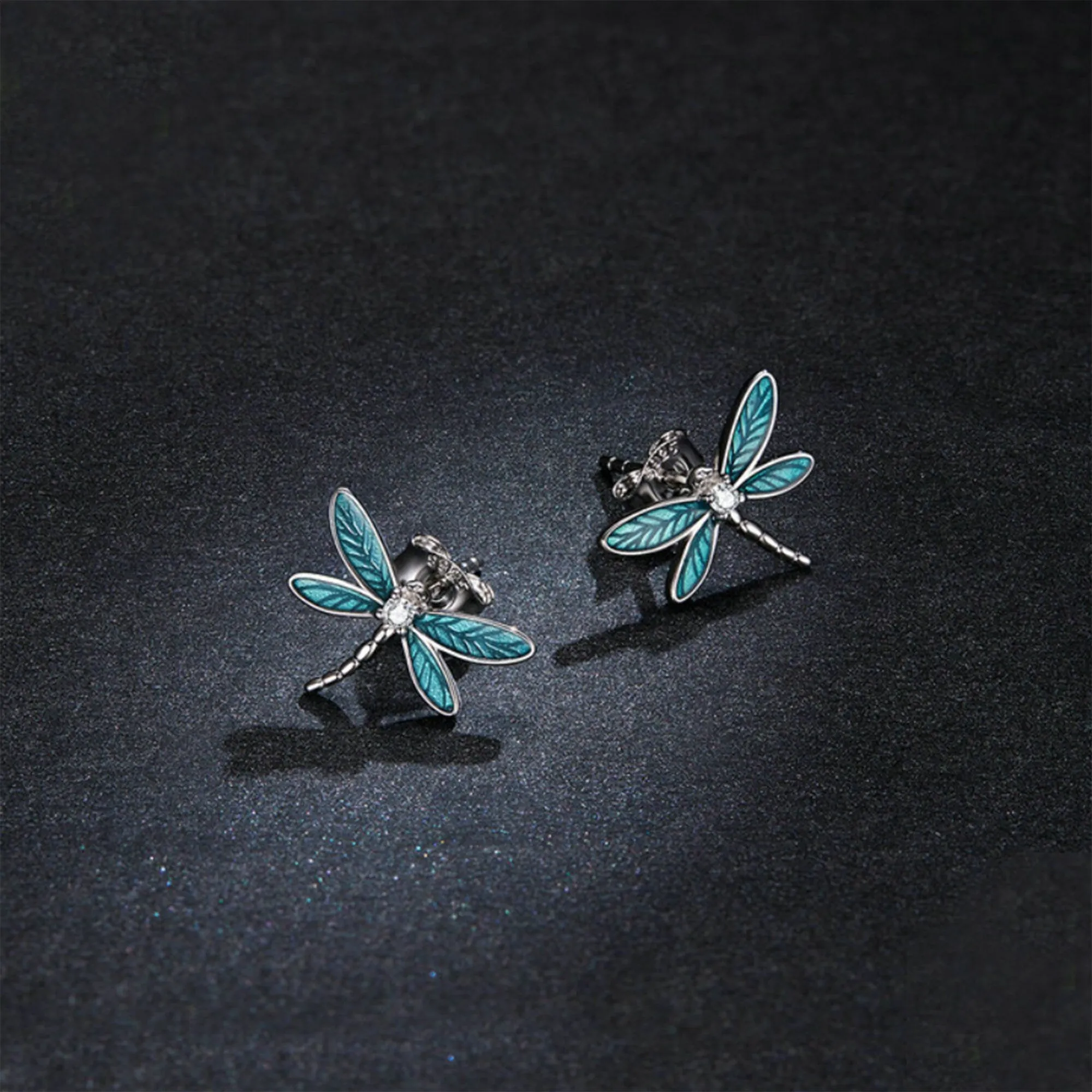 925 Sterling Silver Blue Enamel Dragonfly Studs Earrings