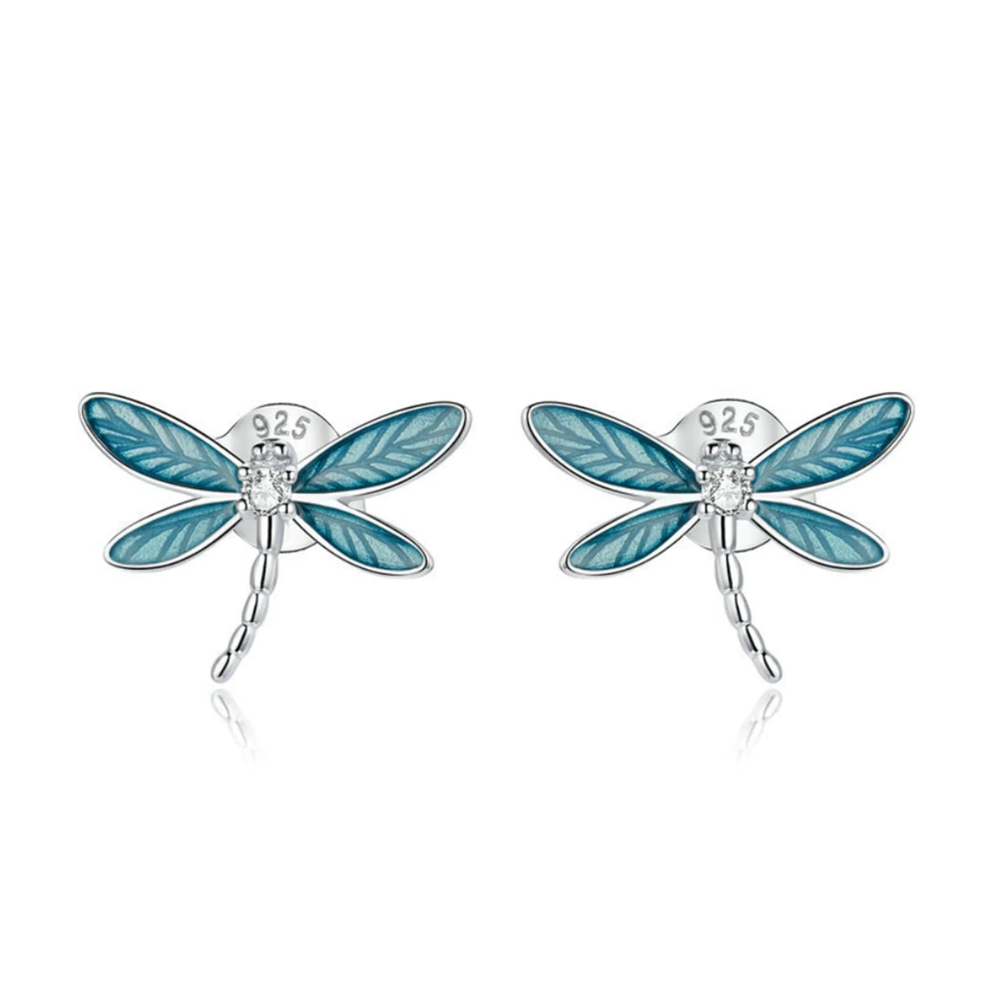 925 Sterling Silver Blue Enamel Dragonfly Studs Earrings