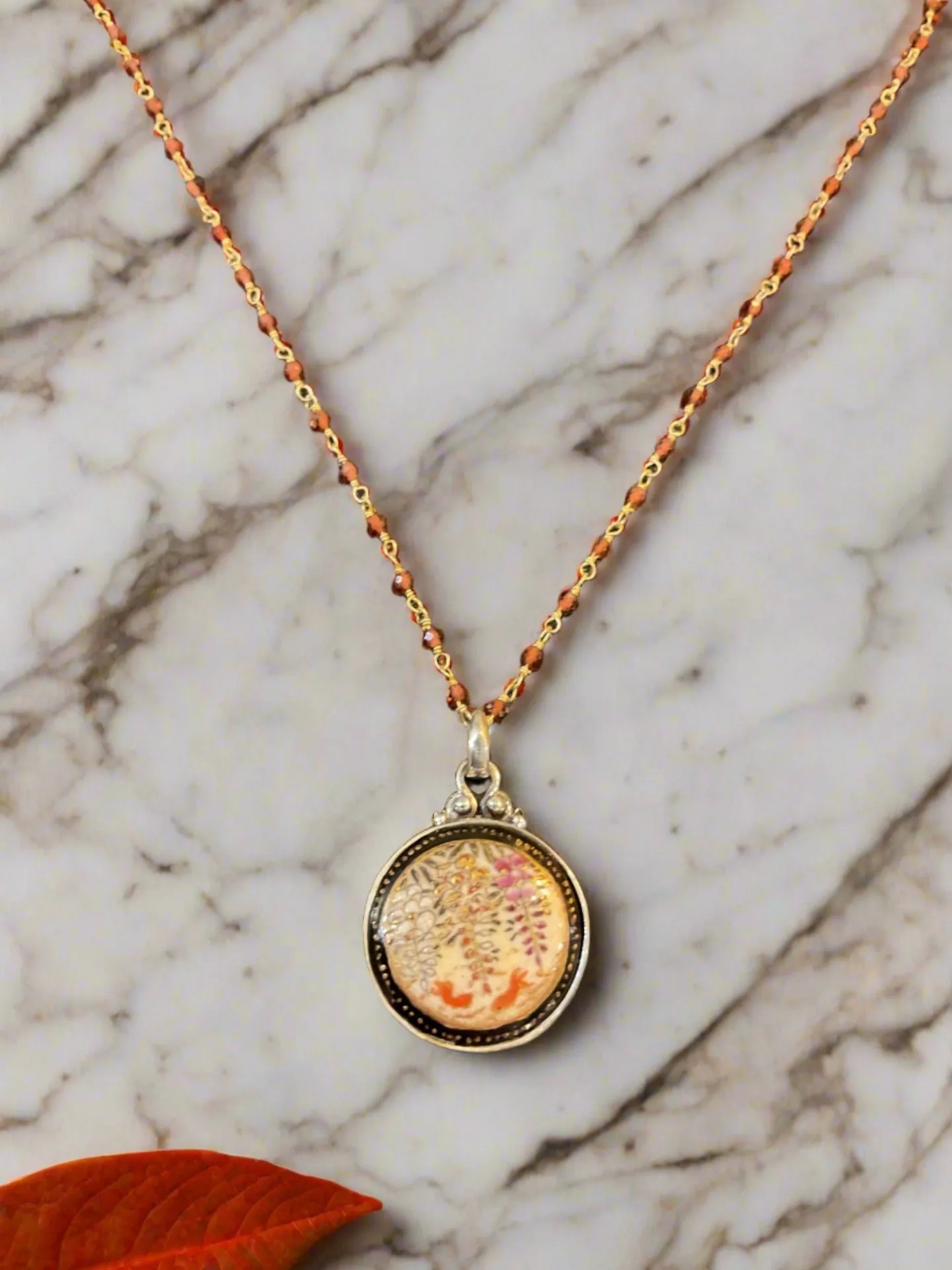 Antique Button Necklace- Hand Painted Satsuma Porcelain Button
