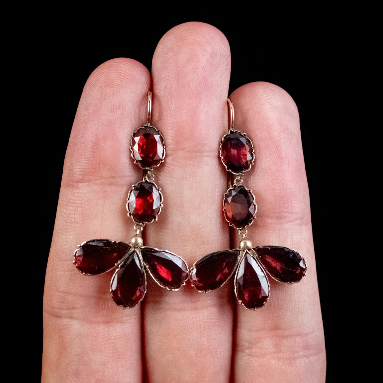 Antique Georgian Flat Cut Garnet Drop Earrings 18Ct Gold