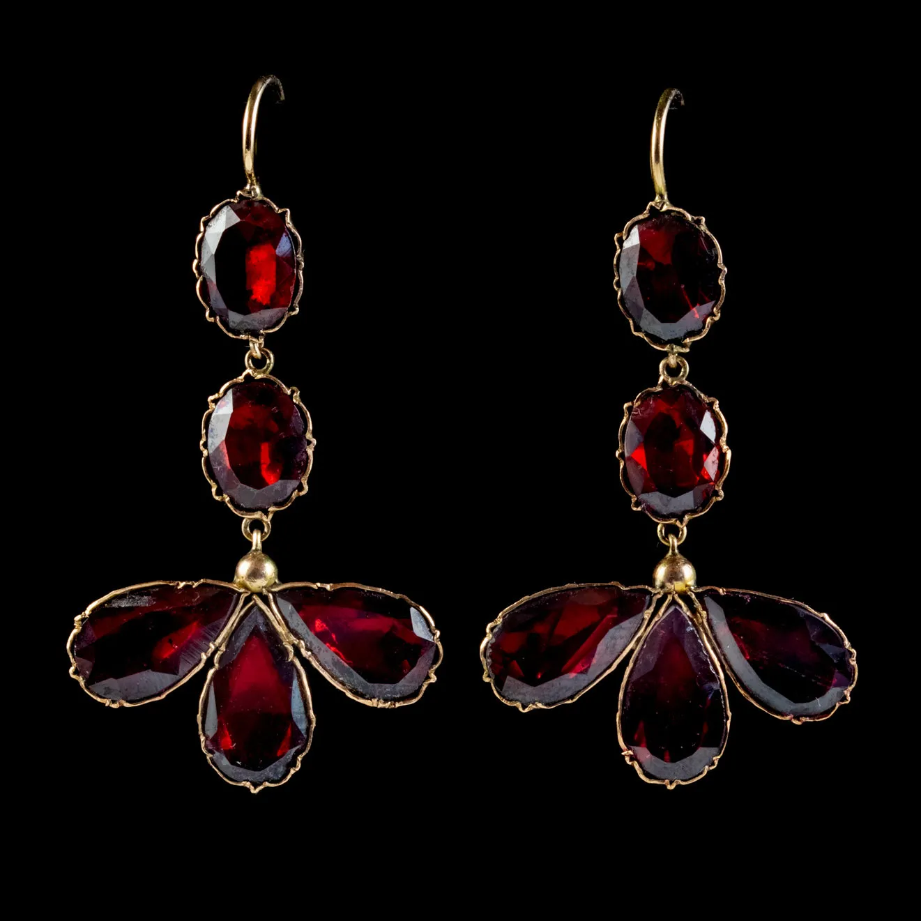 Antique Georgian Flat Cut Garnet Drop Earrings 18Ct Gold