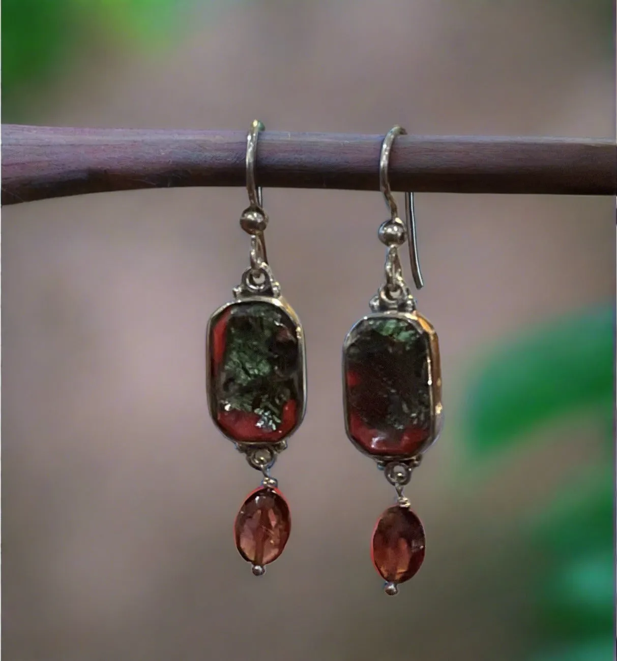 Antique Leo Popper Button Earrings  With Garnet Drop