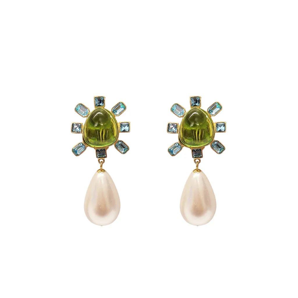 Aqua and Peridot Cabochon Center Pearl Drop Clip Earring