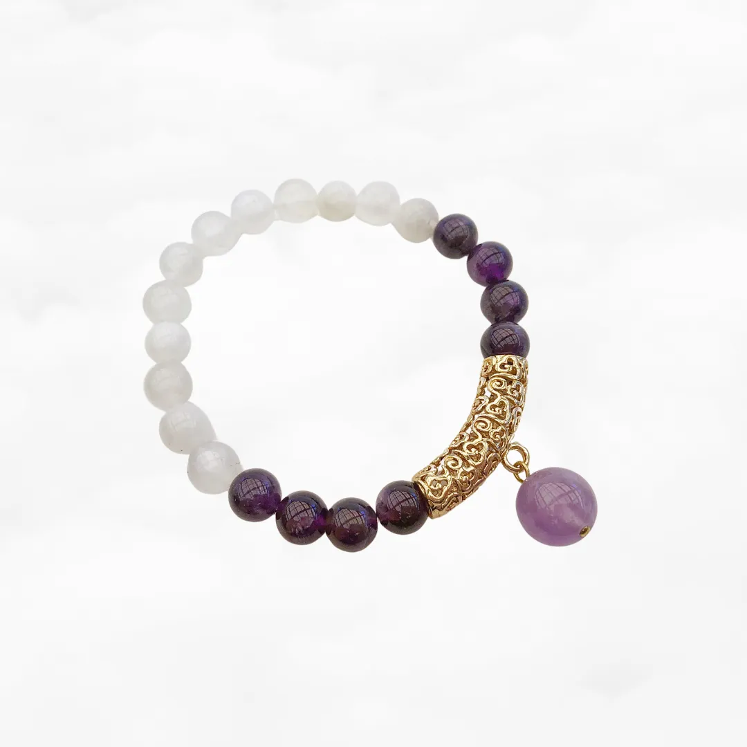 Auspicious Beaded Moonstone and Amethyst Bracelet