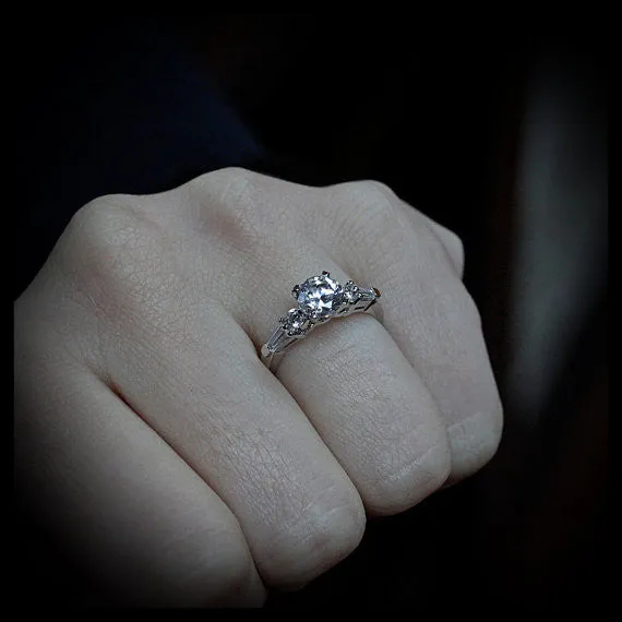 Baguette and Round Diamond Side Stone Moissanite Engagement Ring - Tink