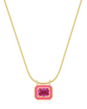 Bezel Pendant Necklace- Hot Pink- Gold