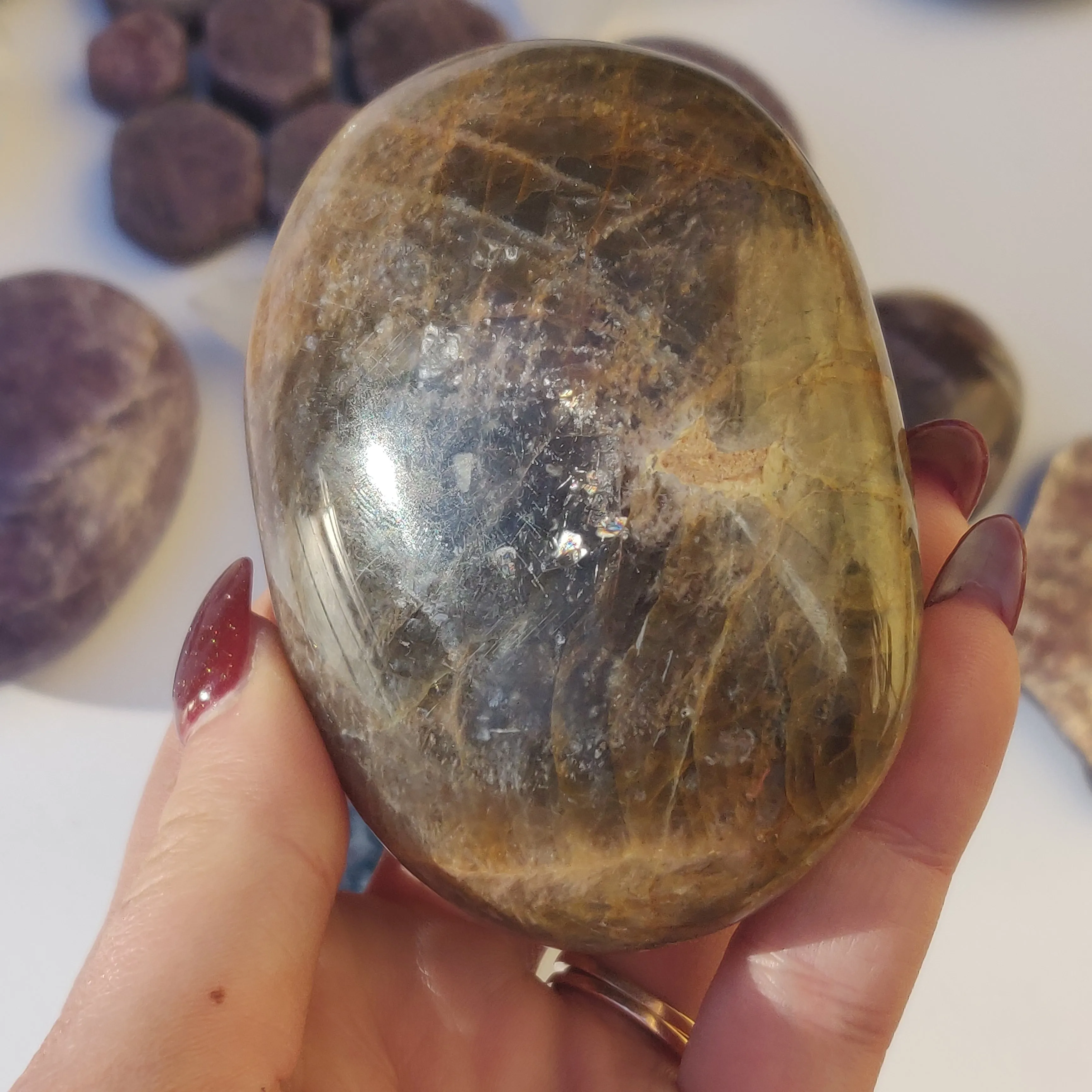 Black Moonstone Palm Stone, Flashy Black Moonstone (#3)