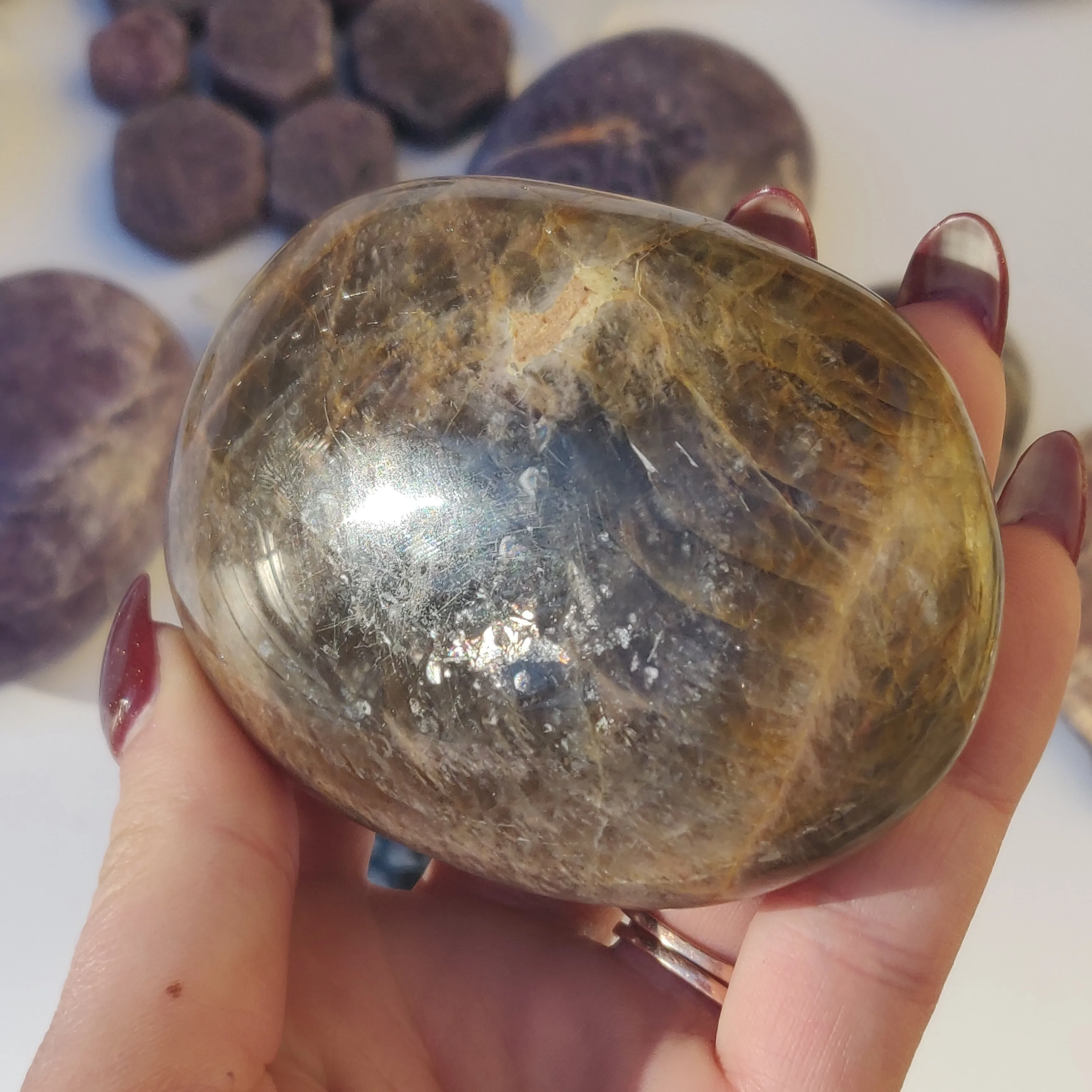 Black Moonstone Palm Stone, Flashy Black Moonstone (#3)