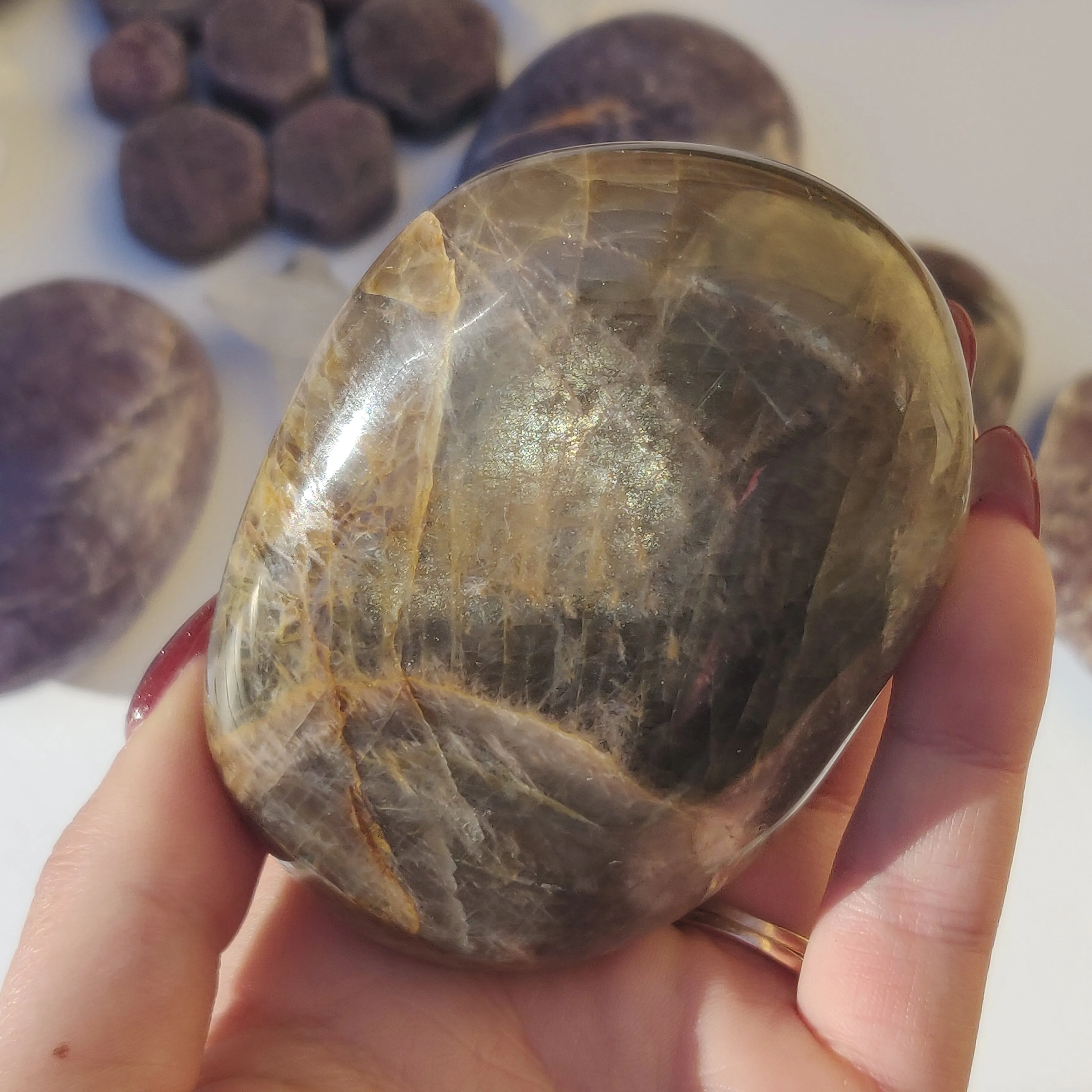 Black Moonstone Palm Stone, Flashy Black Moonstone (#3)