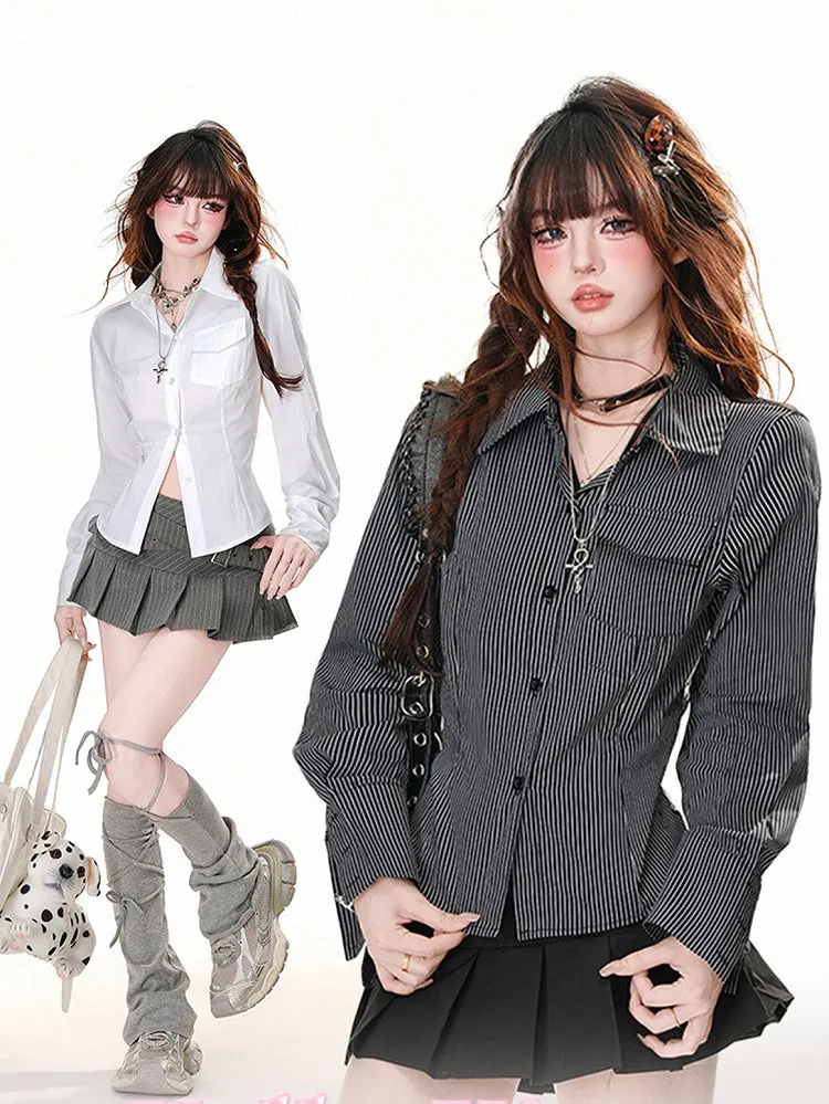 Black Stripes/White Lace Patches Back Slim-fitting Shirt