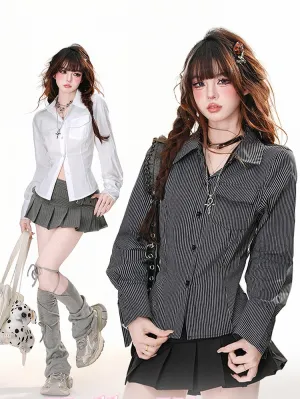Black Stripes/White Lace Patches Back Slim-fitting Shirt