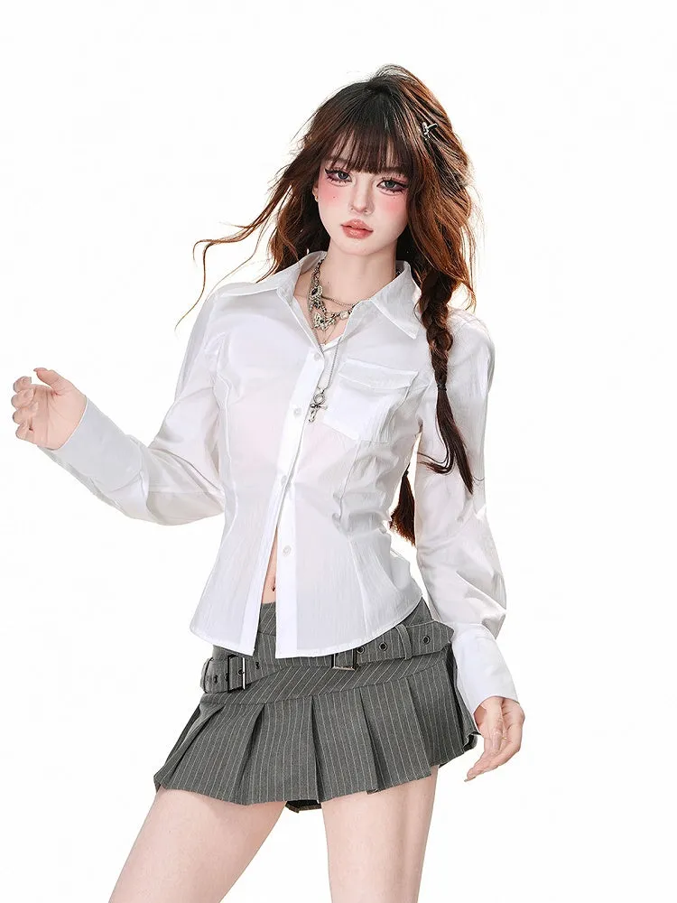 Black Stripes/White Lace Patches Back Slim-fitting Shirt