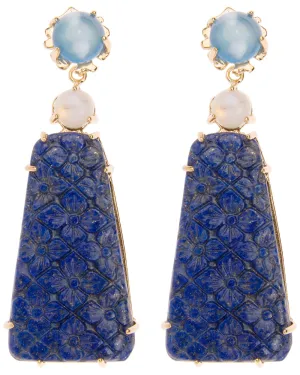Blue Chalcedony and Carved Lapis Drop Earrings