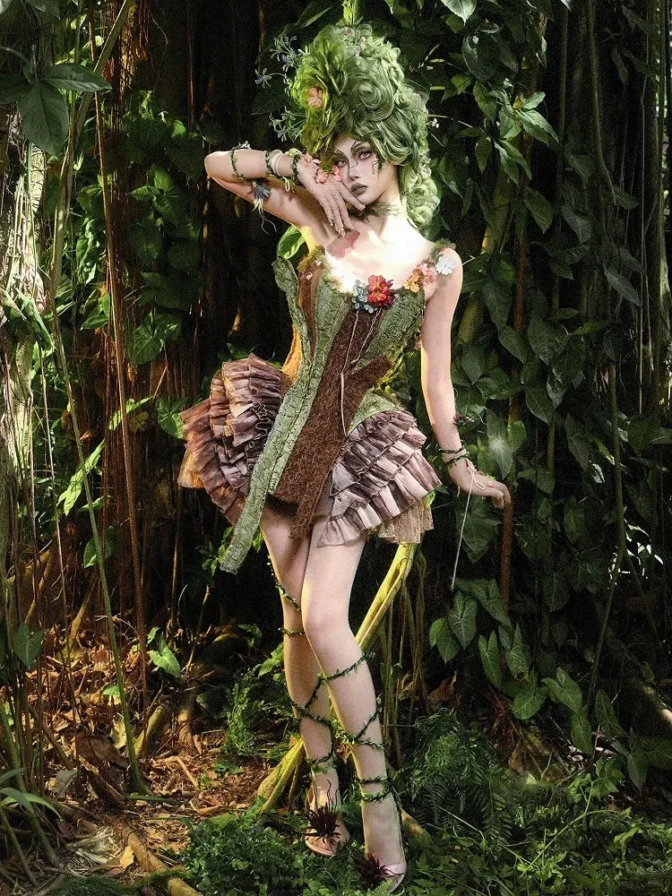 Brown and Green Asymmetrical Forest Fairy Goth Branch Corset