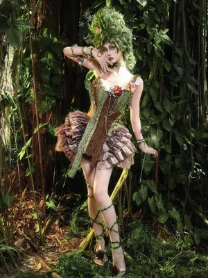 Brown and Green Asymmetrical Forest Fairy Goth Branch Corset