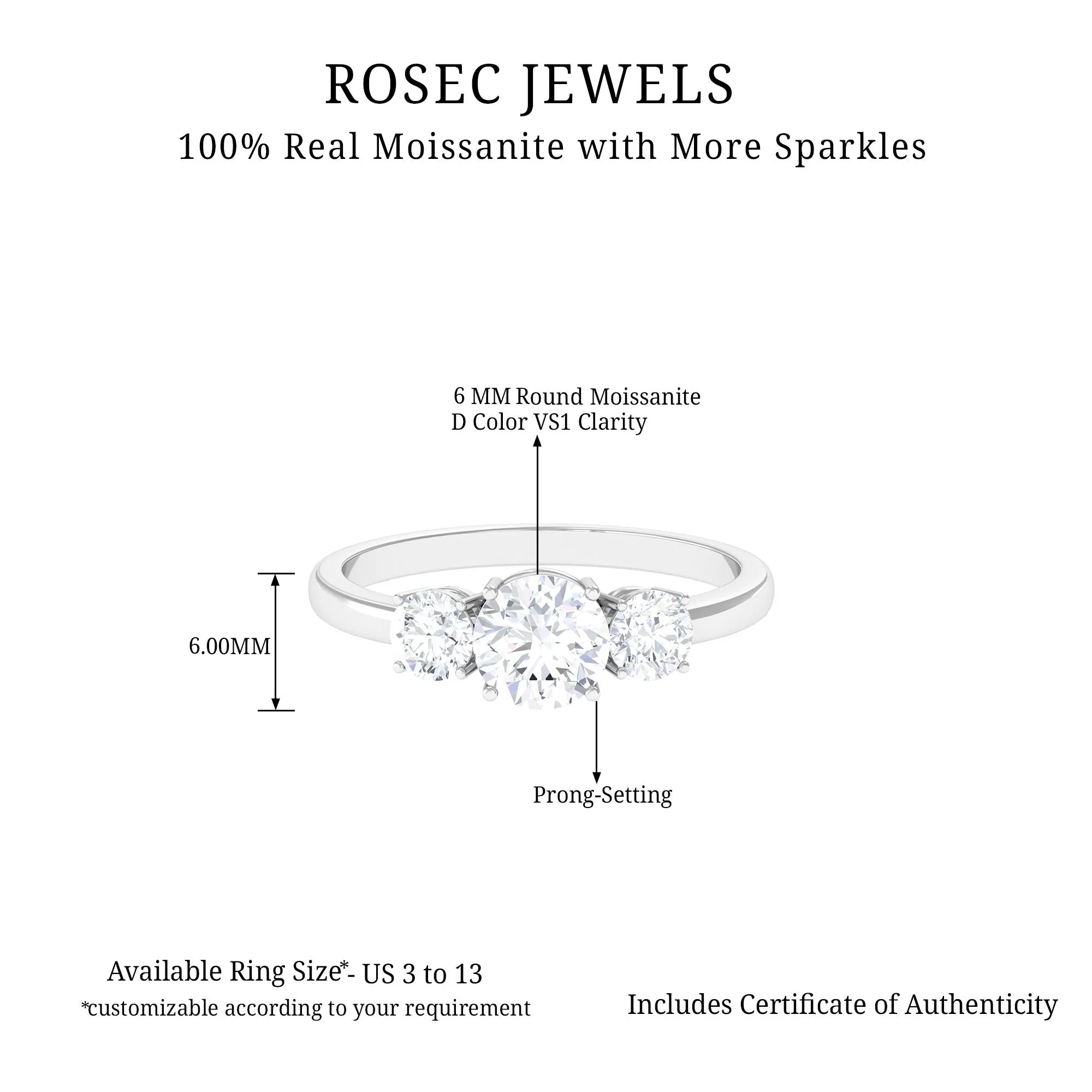 Certified Moissanite Three Stone Engagement Ring