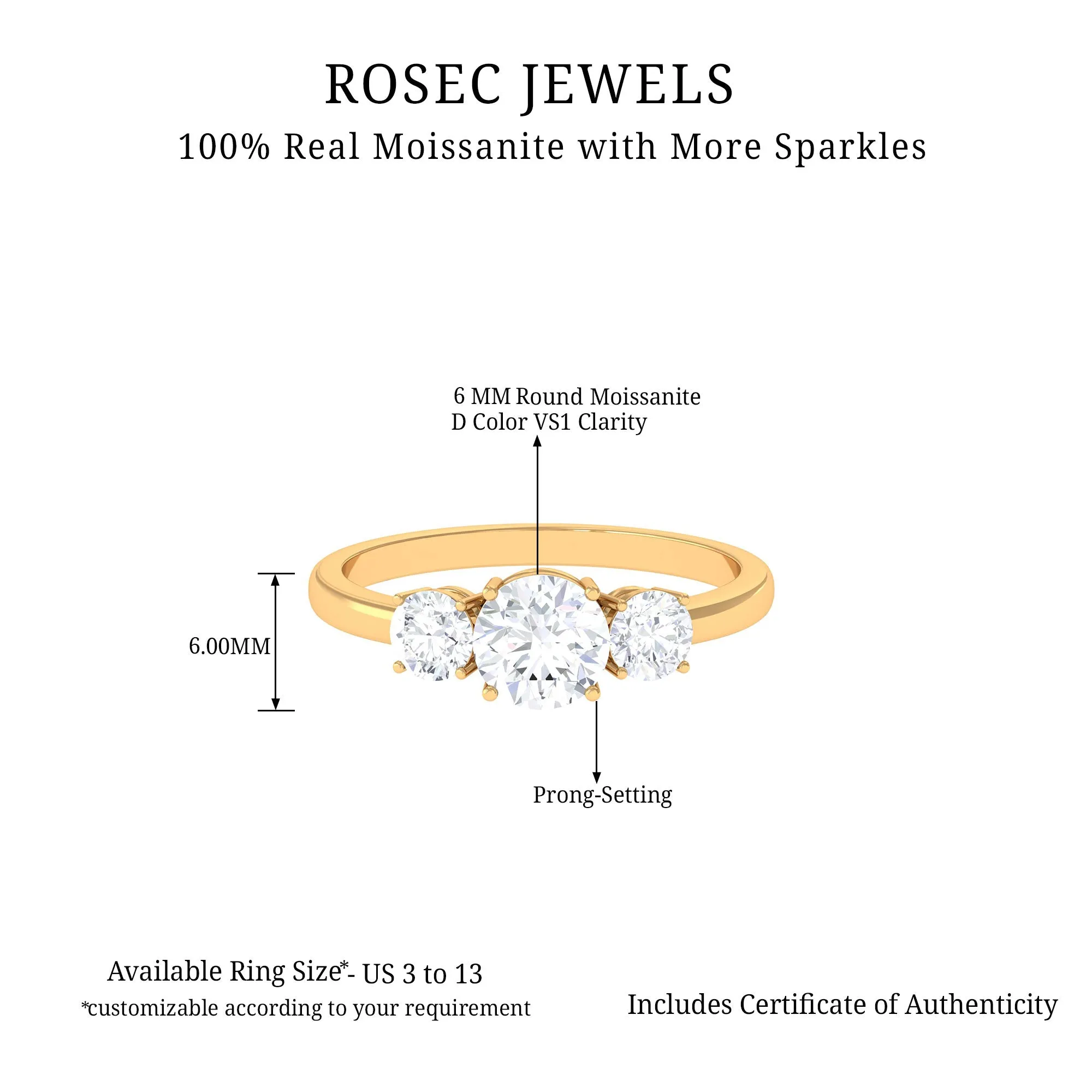 Certified Moissanite Three Stone Engagement Ring