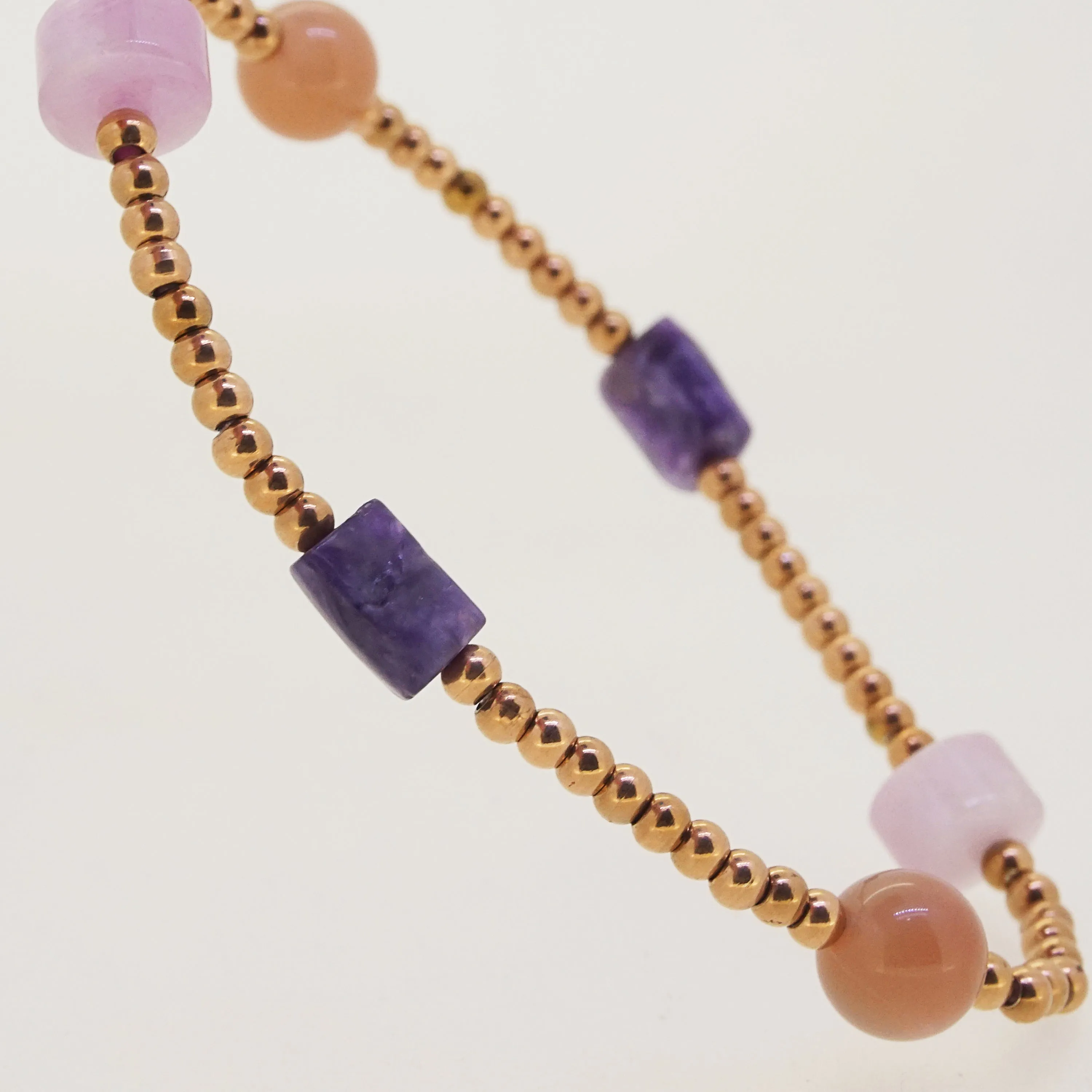 Charoite, Peach Moonstone, and Kunzite