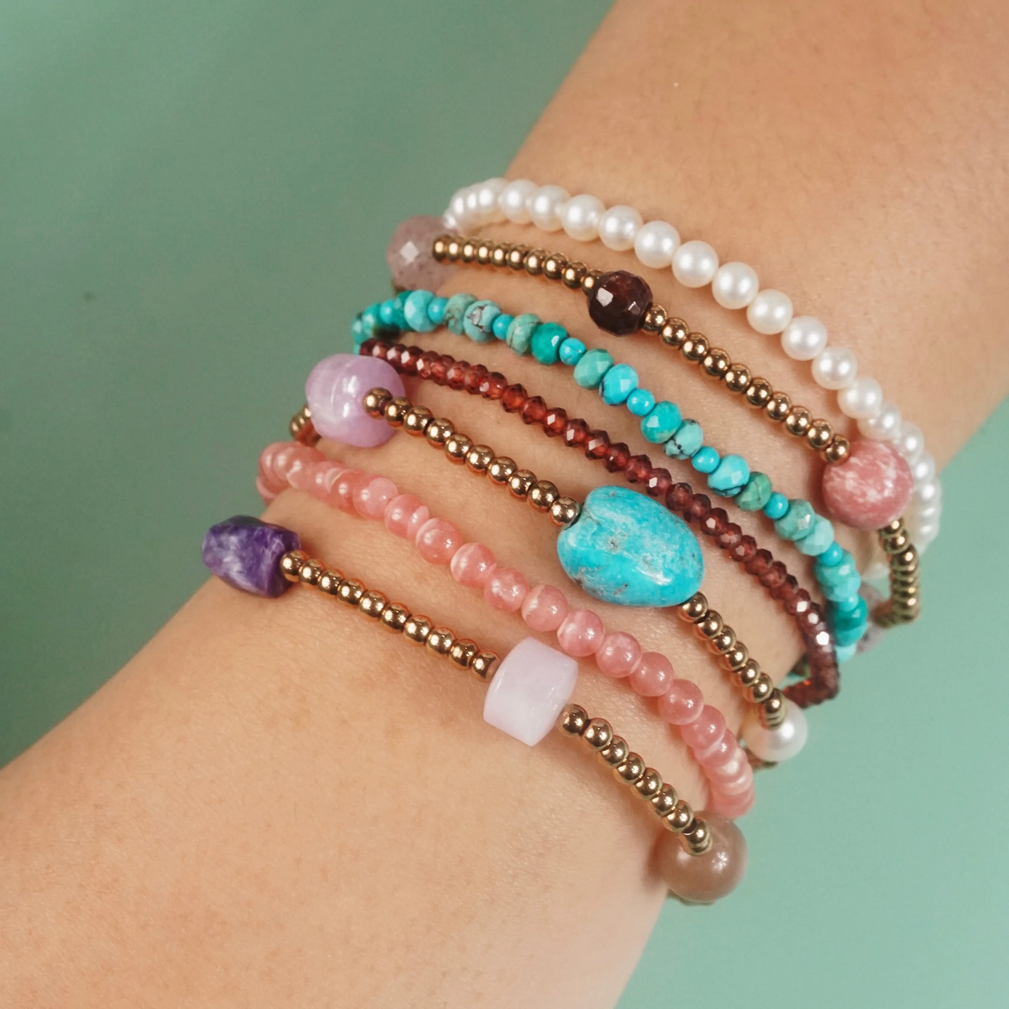 Charoite, Peach Moonstone, and Kunzite