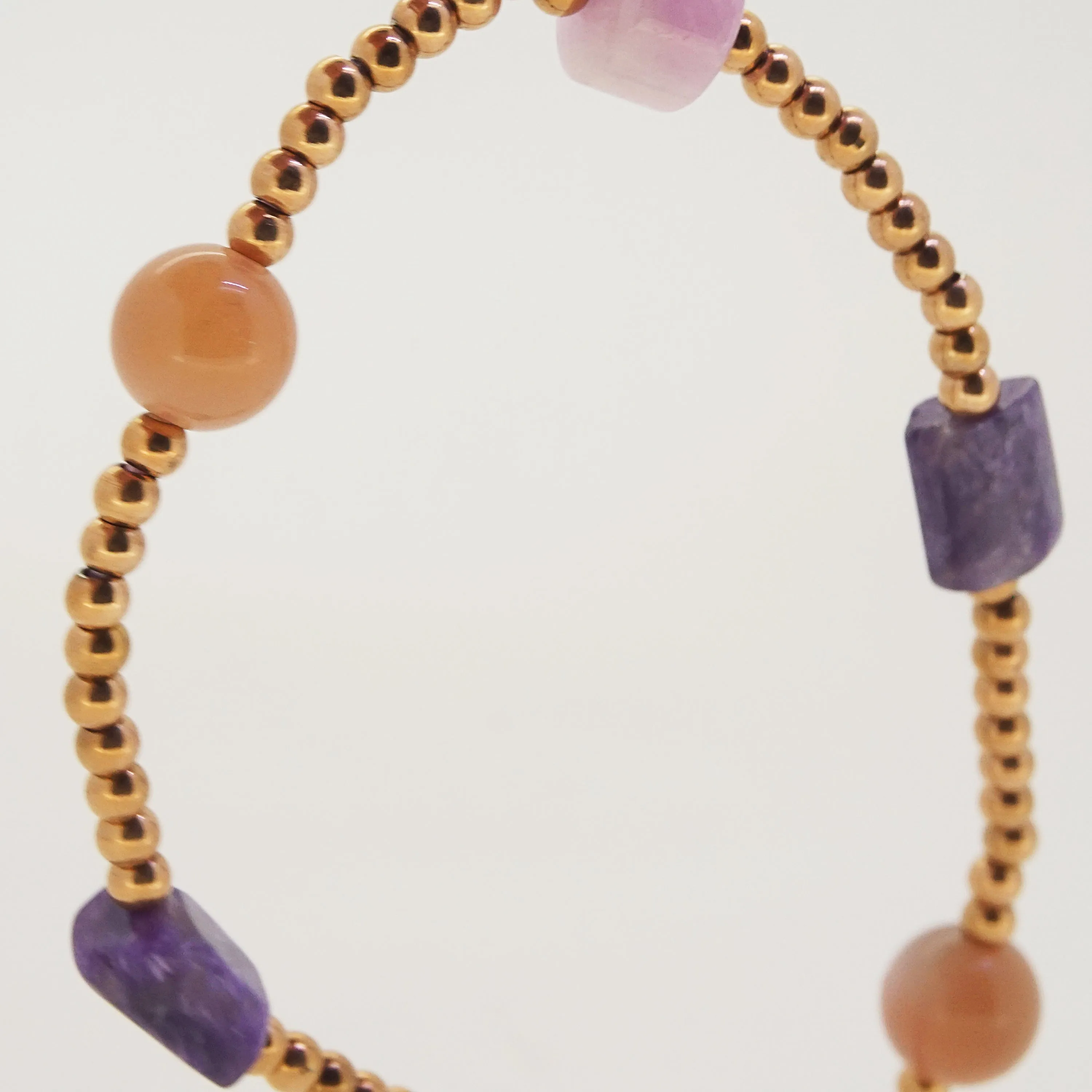 Charoite, Peach Moonstone, and Kunzite