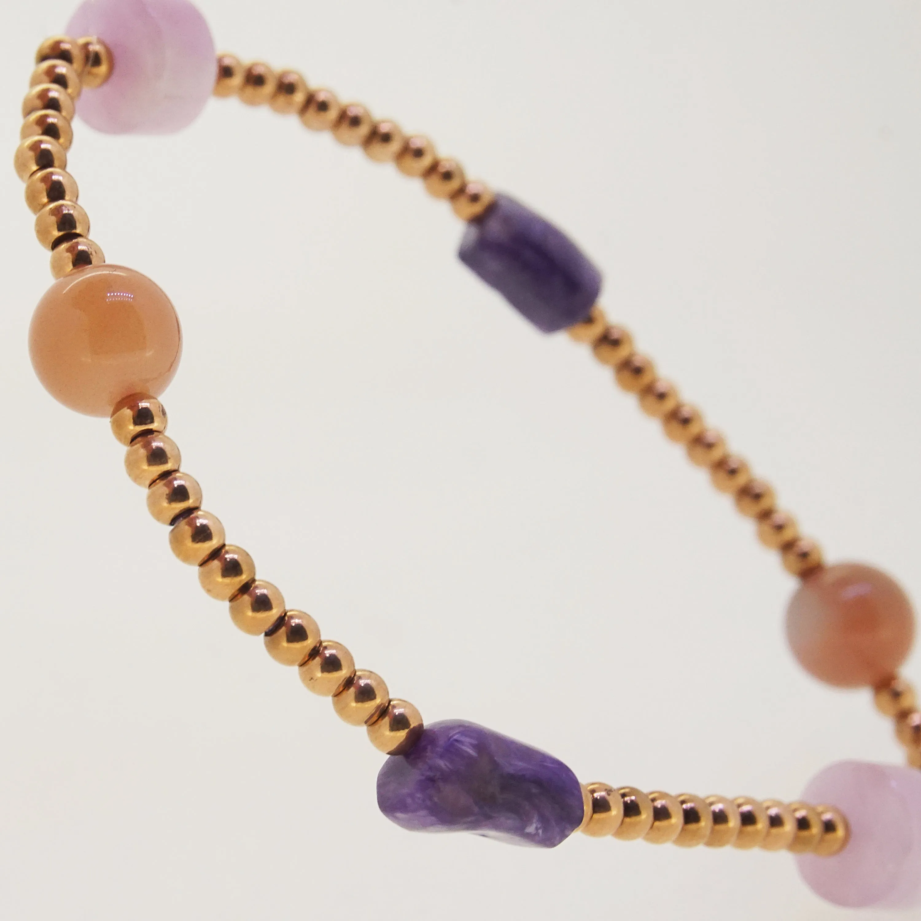 Charoite, Peach Moonstone, and Kunzite
