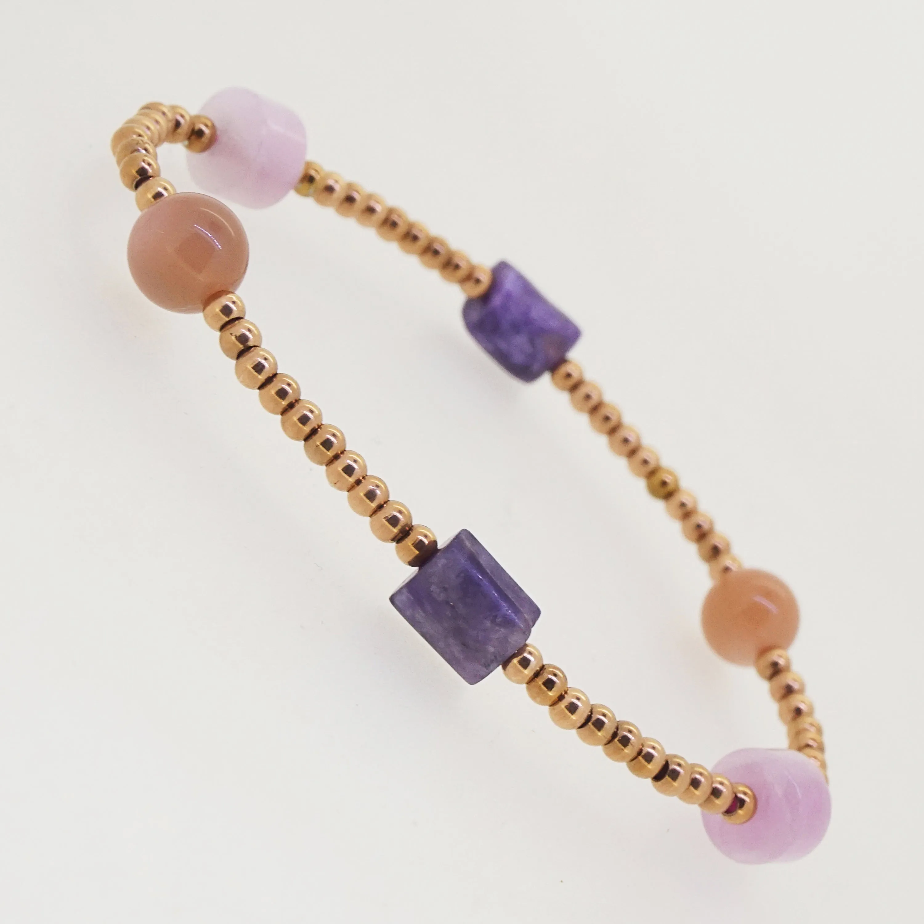 Charoite, Peach Moonstone, and Kunzite