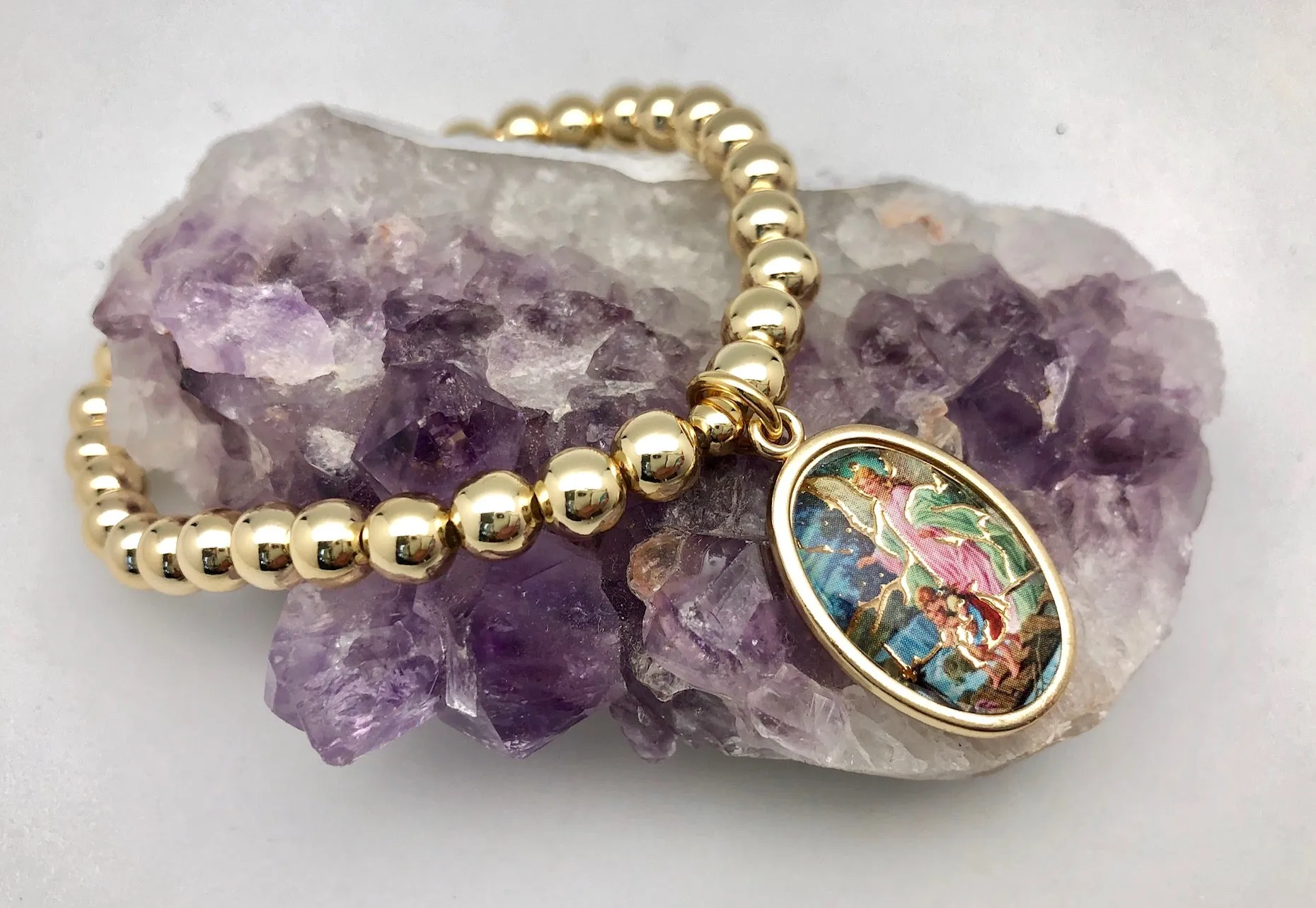 Colorful Guardian Angel Medal Protection Gold Bead Elastic Bracelet