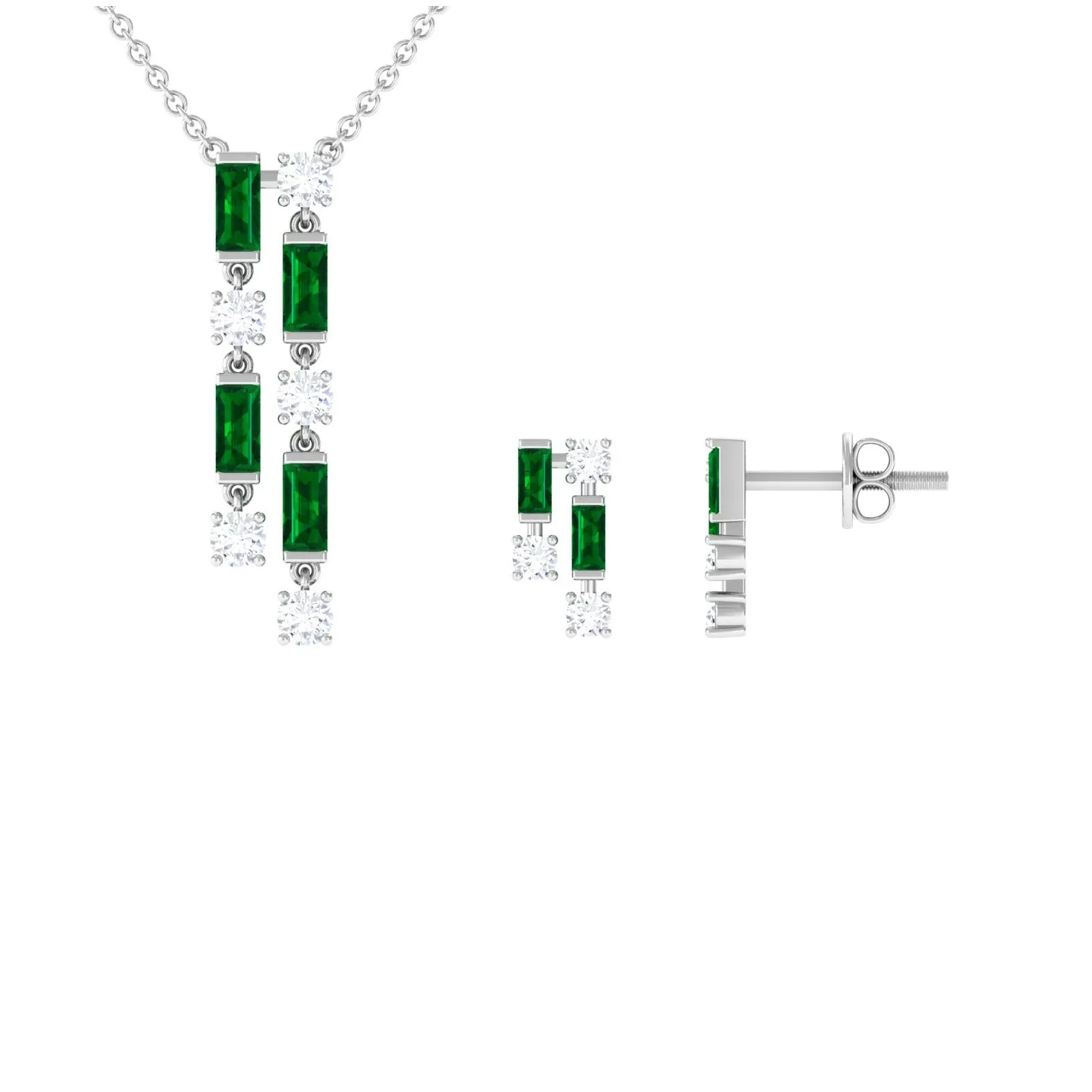 Created Emerald and Diamond Dangle Jewelry Set