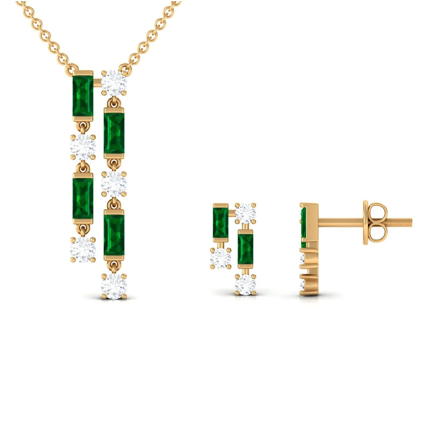 Created Emerald and Diamond Dangle Jewelry Set