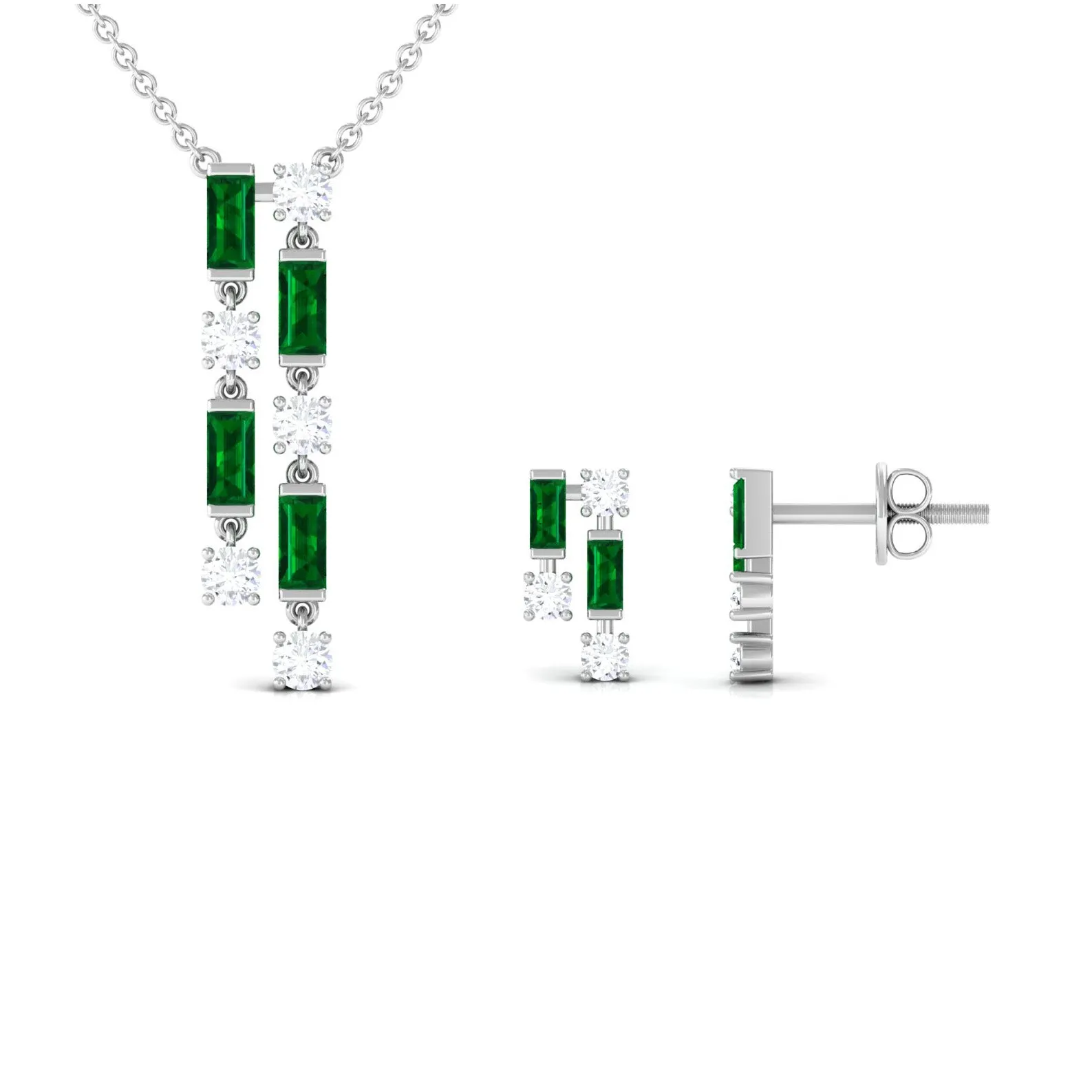 Created Emerald and Diamond Dangle Jewelry Set