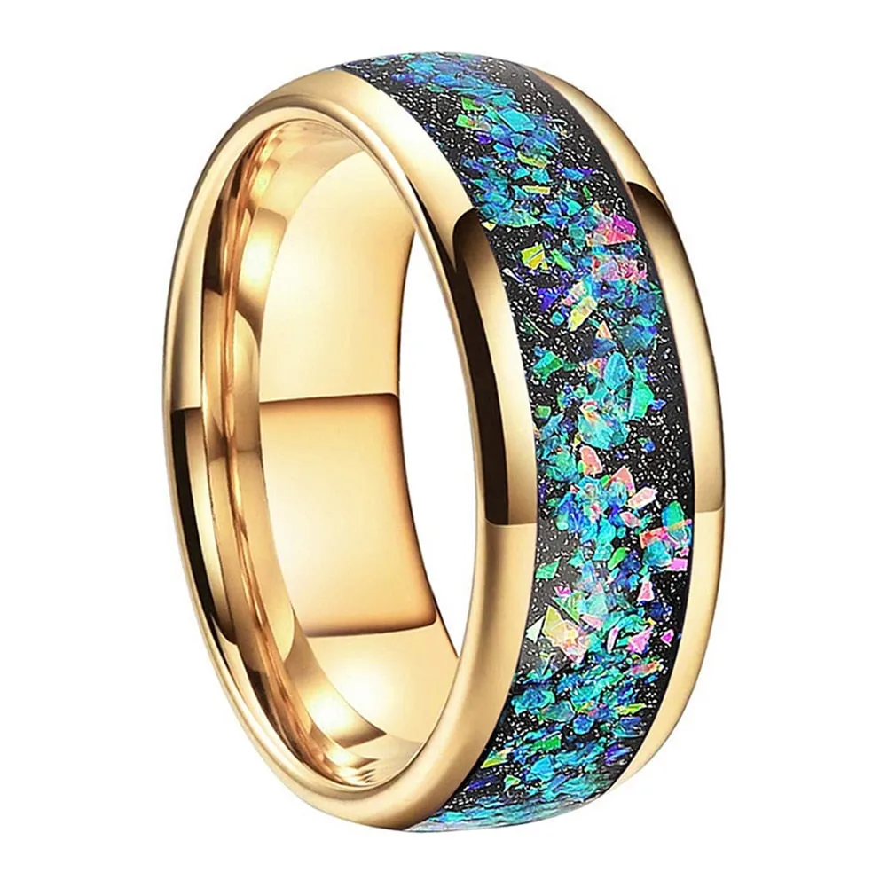 Crushed Opal & Yellow Gold Tungsten Ring (8mm)