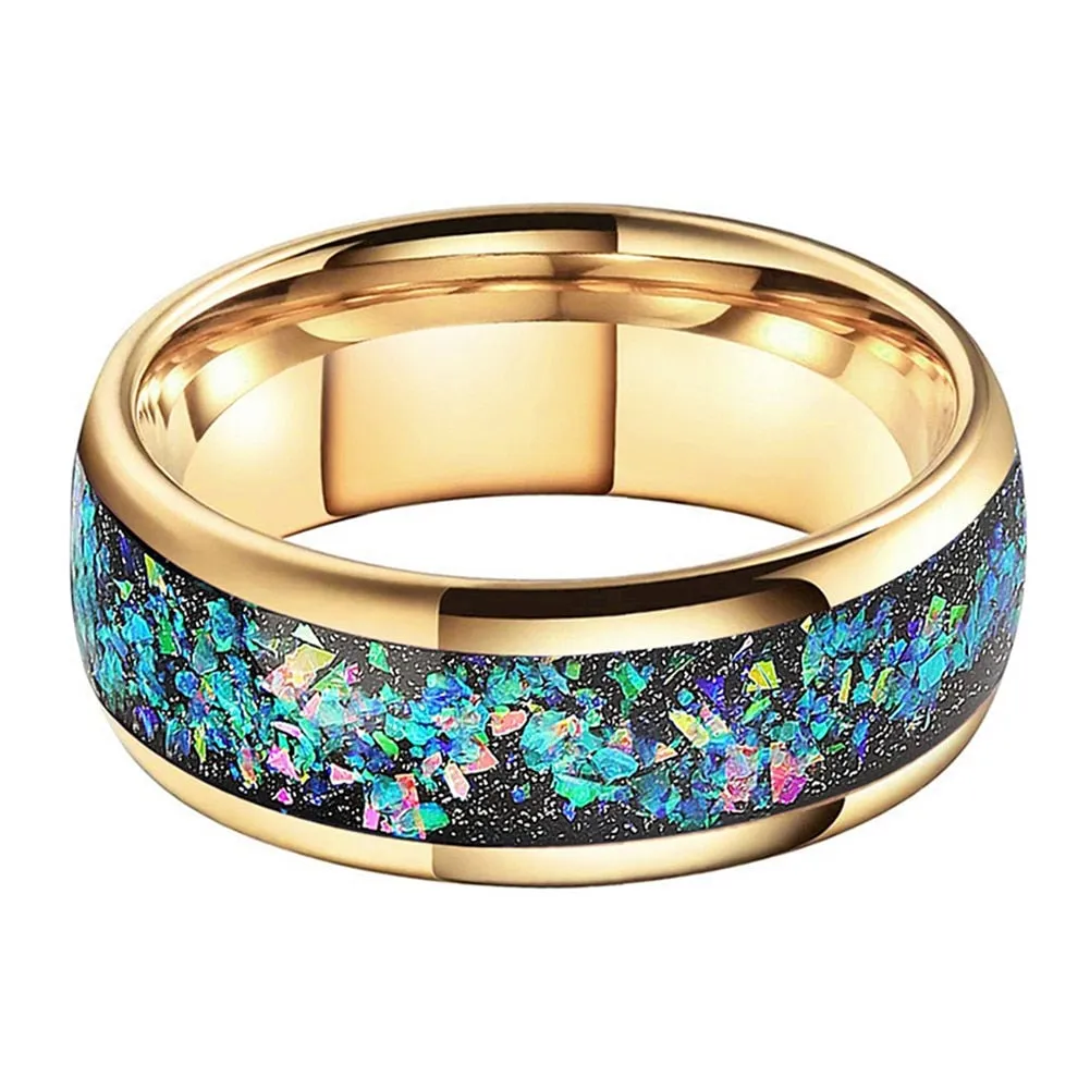 Crushed Opal & Yellow Gold Tungsten Ring (8mm)
