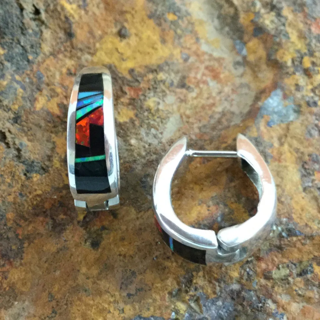 David Rosales Red Moon Inlaid Sterling Silver Earrings Huggie