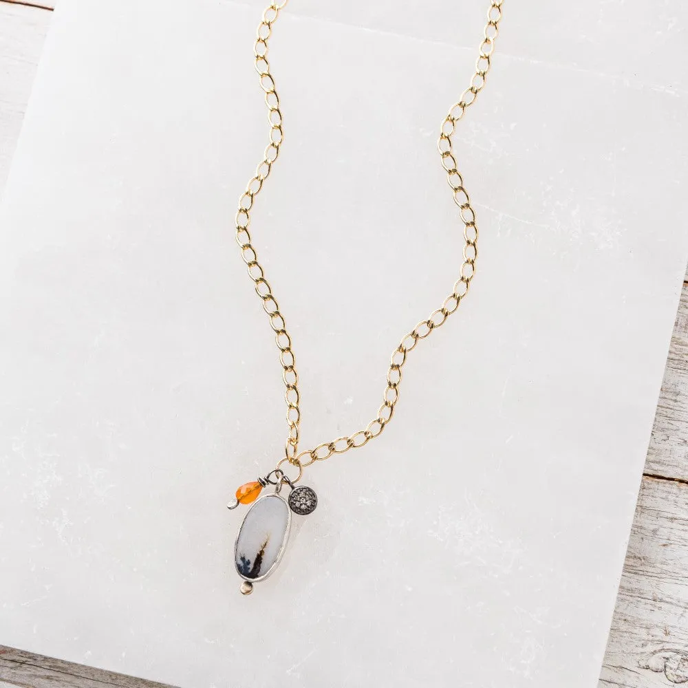 Dendritic Agate Oval Necklace with Pavé Diamond and Garnet