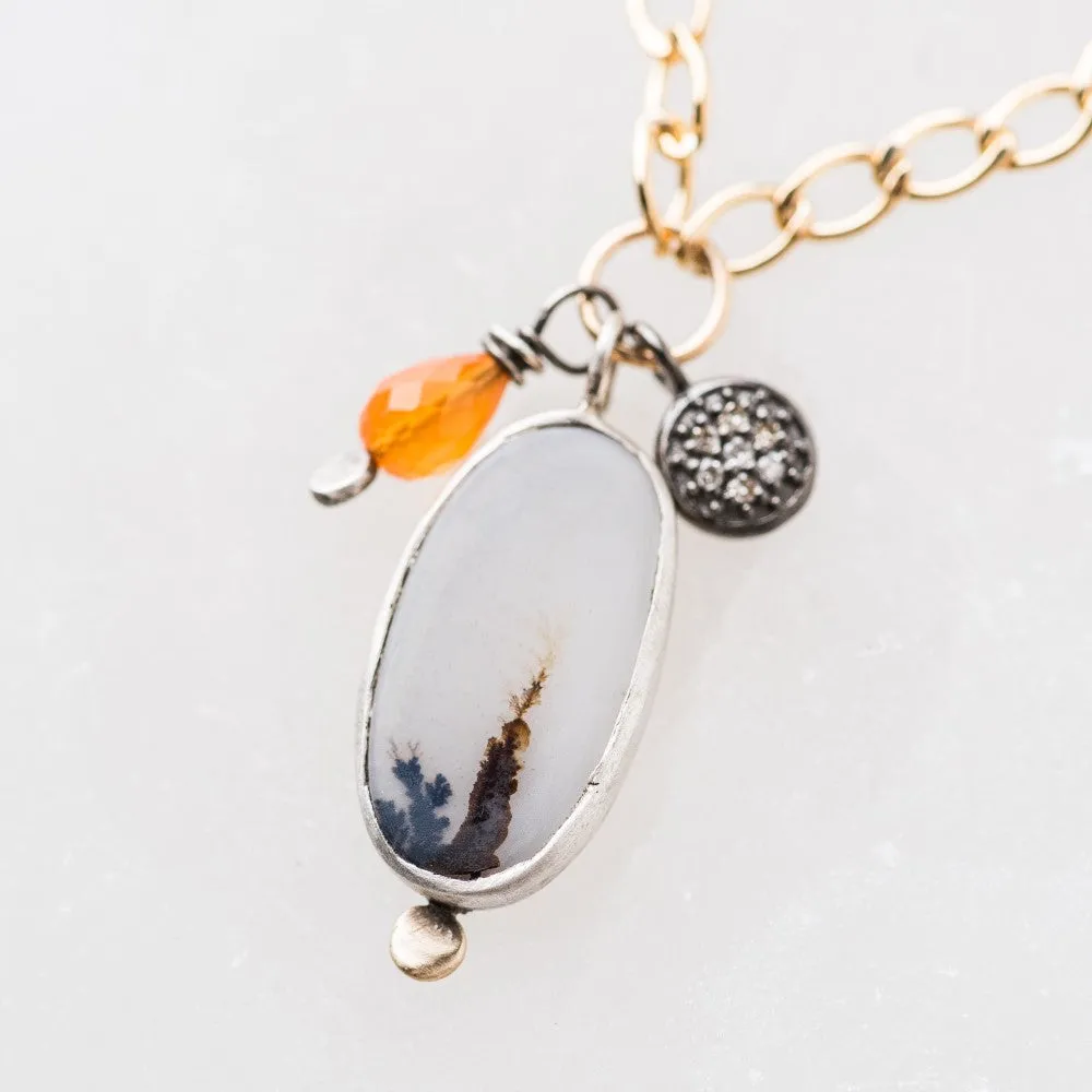 Dendritic Agate Oval Necklace with Pavé Diamond and Garnet
