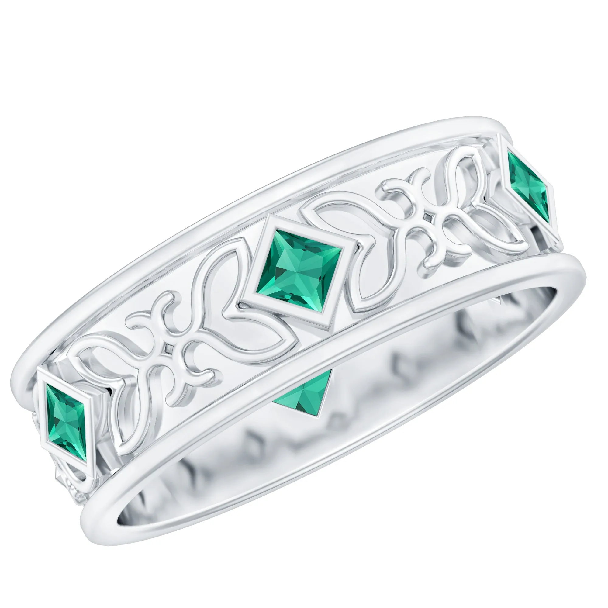Designer Princess Cut Created Emerald Gold Band Ring