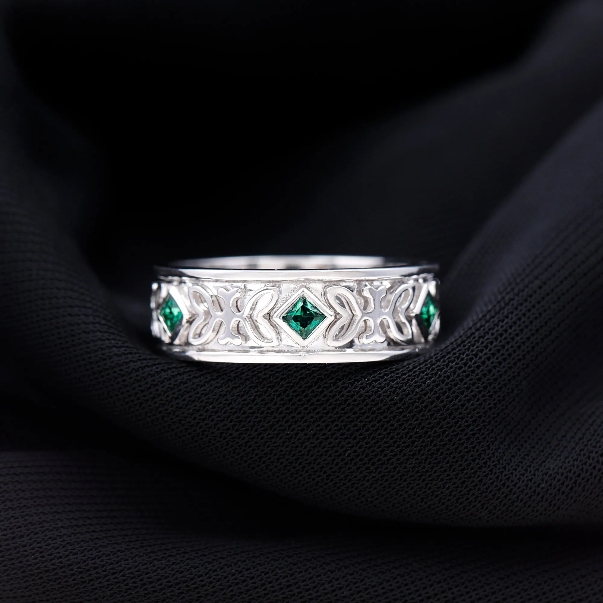 Designer Princess Cut Created Emerald Gold Band Ring