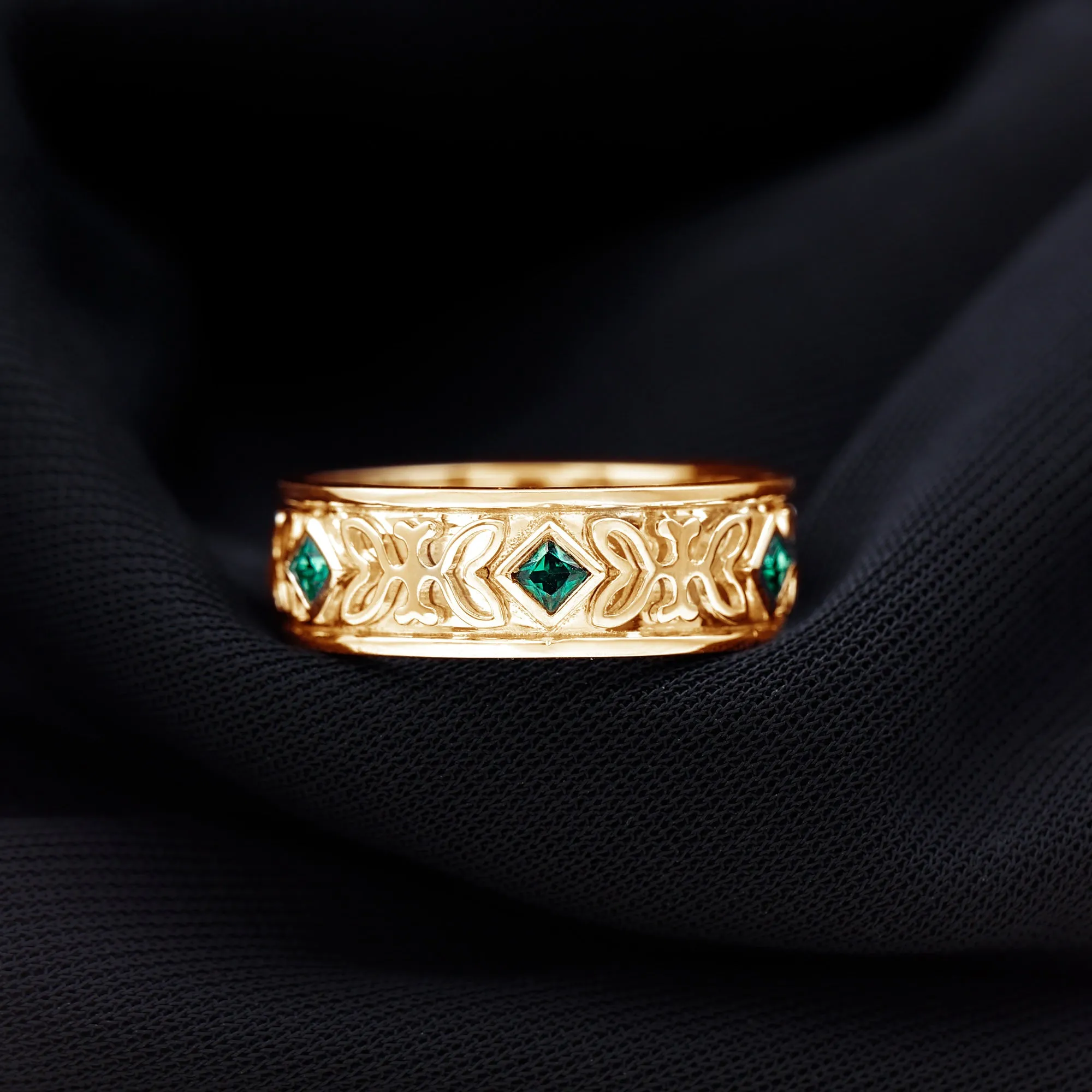 Designer Princess Cut Created Emerald Gold Band Ring