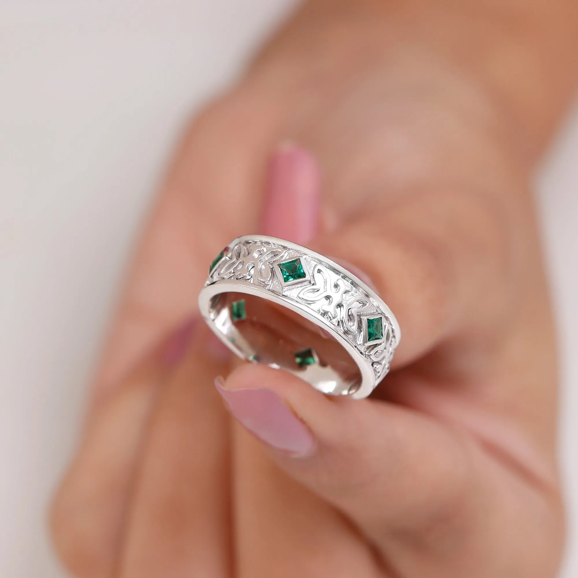 Designer Princess Cut Created Emerald Gold Band Ring