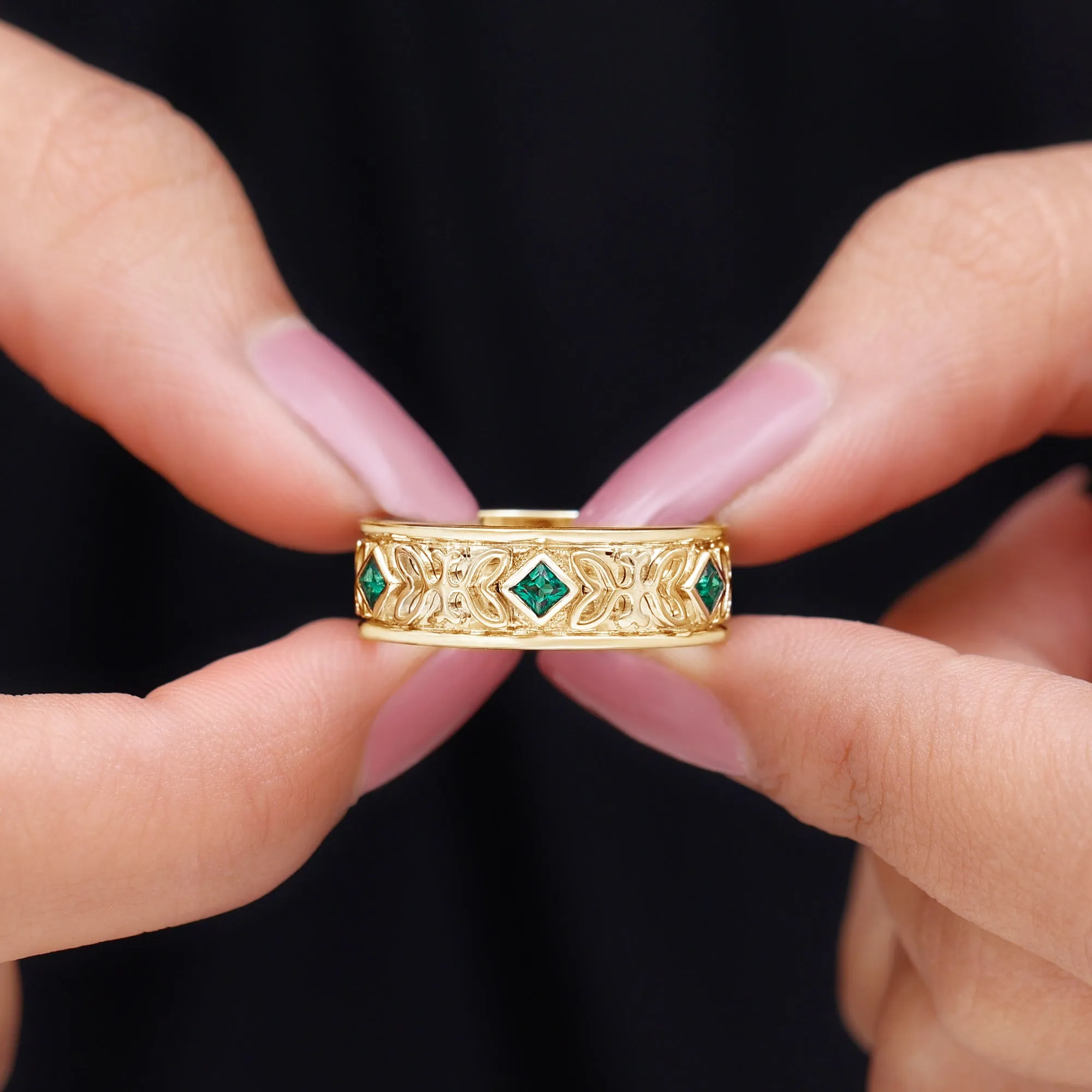 Designer Princess Cut Created Emerald Gold Band Ring