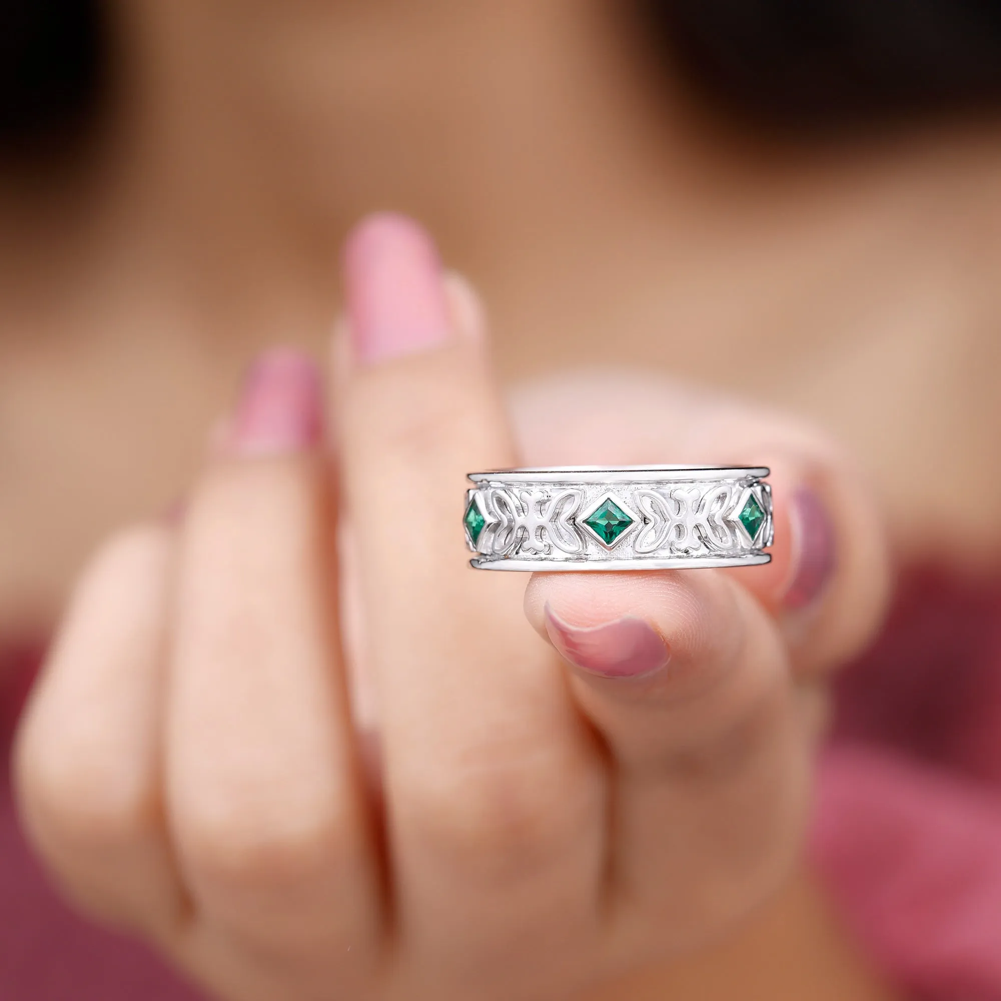 Designer Princess Cut Created Emerald Gold Band Ring