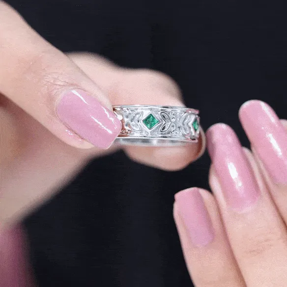 Designer Princess Cut Created Emerald Gold Band Ring