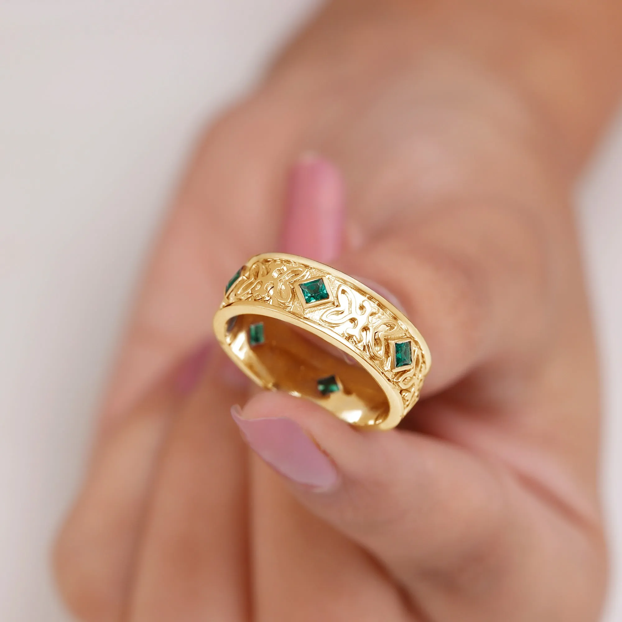 Designer Princess Cut Created Emerald Gold Band Ring