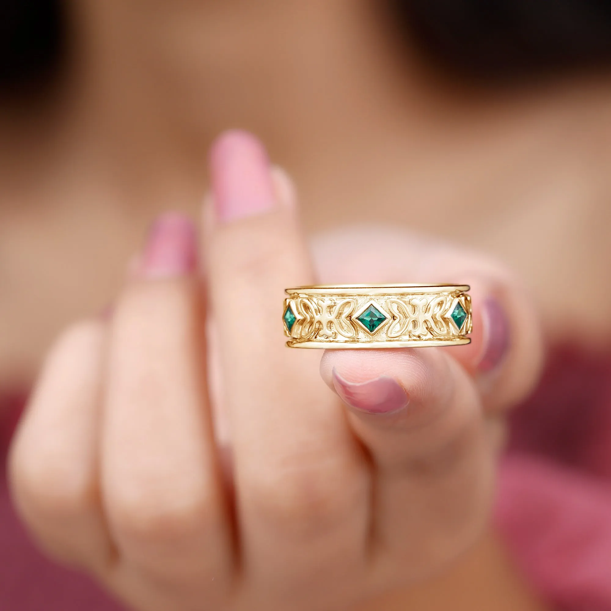 Designer Princess Cut Created Emerald Gold Band Ring