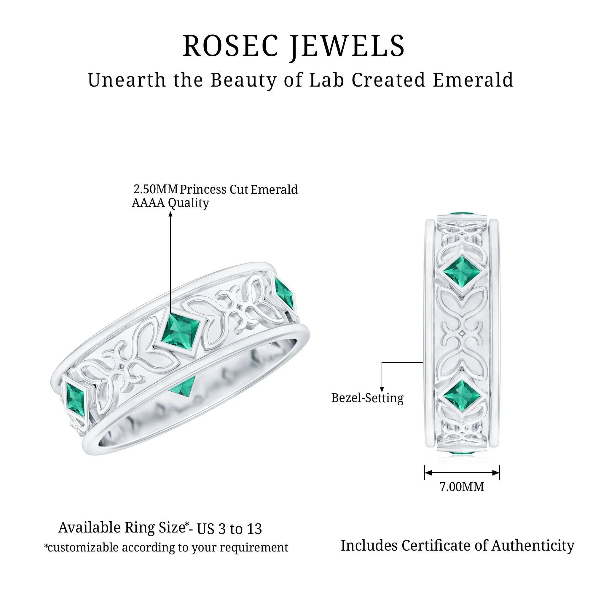 Designer Princess Cut Created Emerald Gold Band Ring