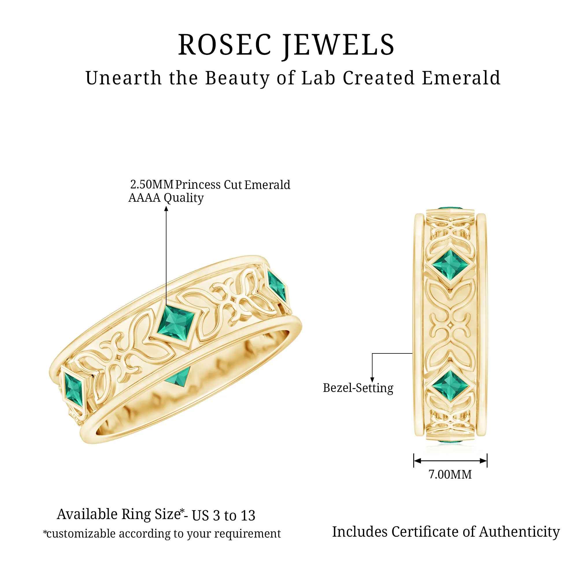 Designer Princess Cut Created Emerald Gold Band Ring