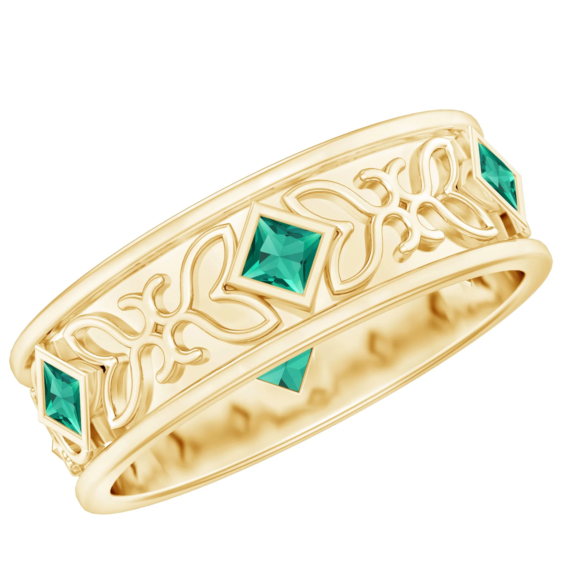 Designer Princess Cut Created Emerald Gold Band Ring