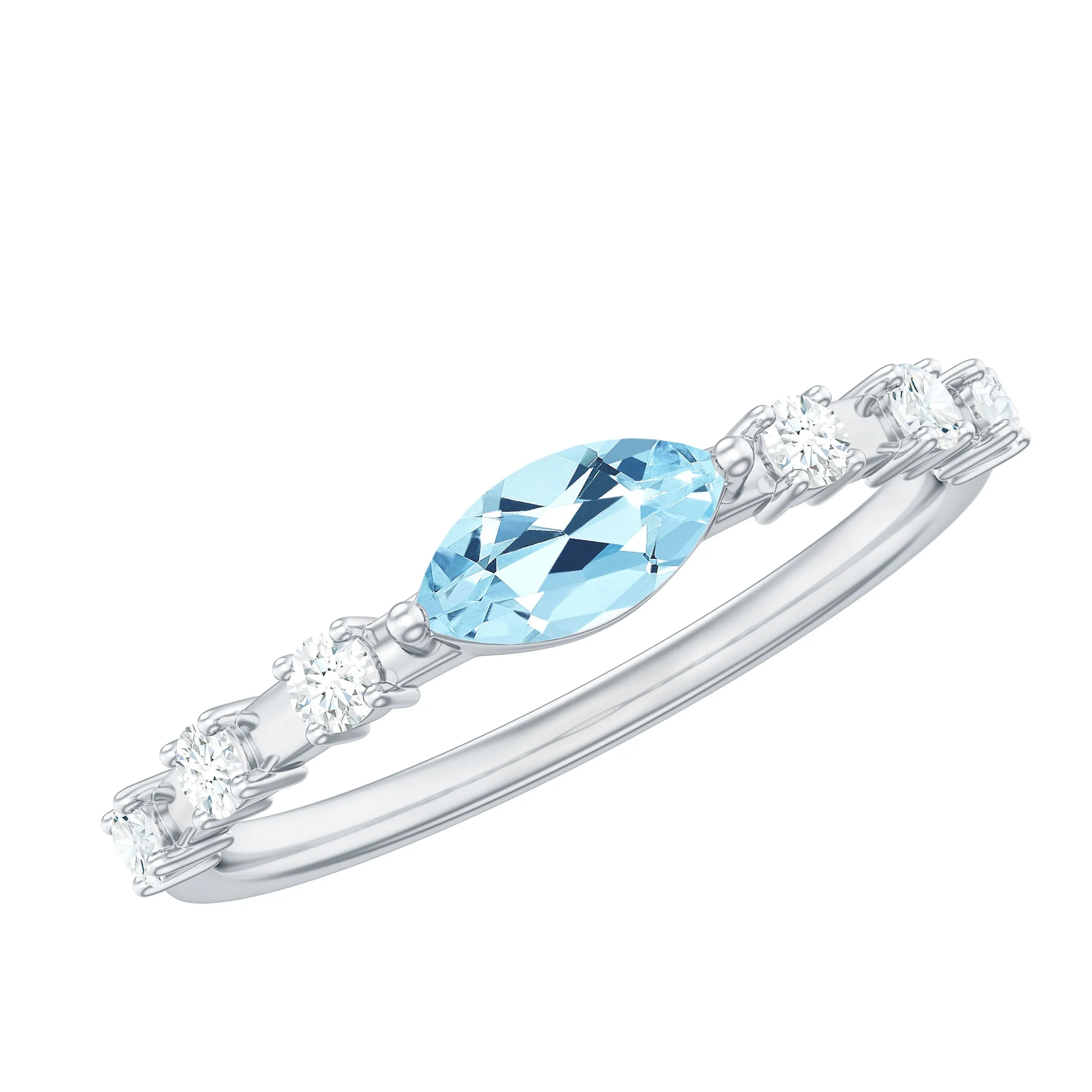 East West Marquise Aquamarine and Diamond Engagement Ring